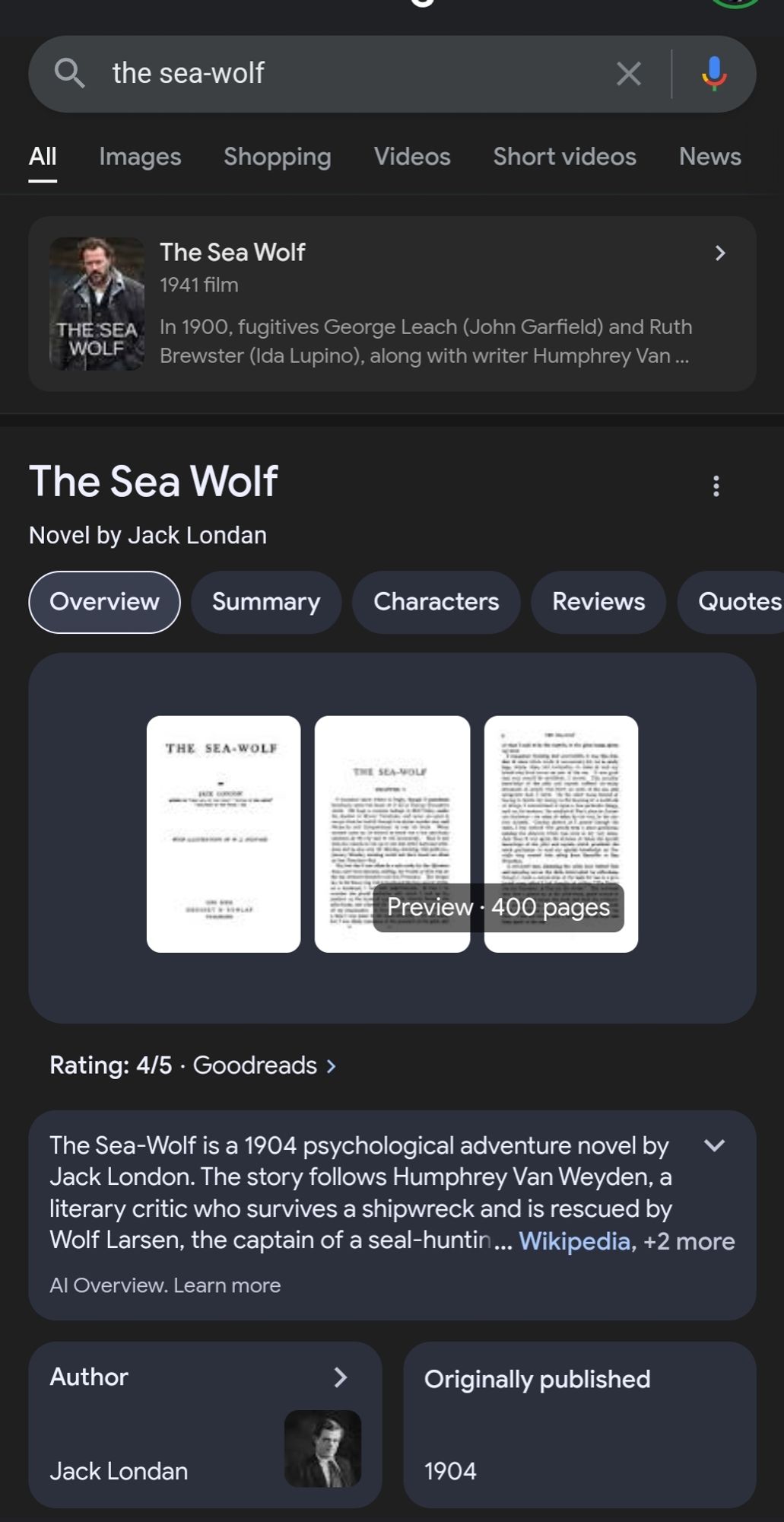 search results for "the sea-wolf" in Google. Google has promoted a result (maybe AI-powered?) for "The Sea Wolf Novel by Jack Londan" which misspells Jack London and (less importantly) removes the dash in the title. further down the page is another "Jack Londan" result that when clicks directs to a "do you mean Jack London?" search result.