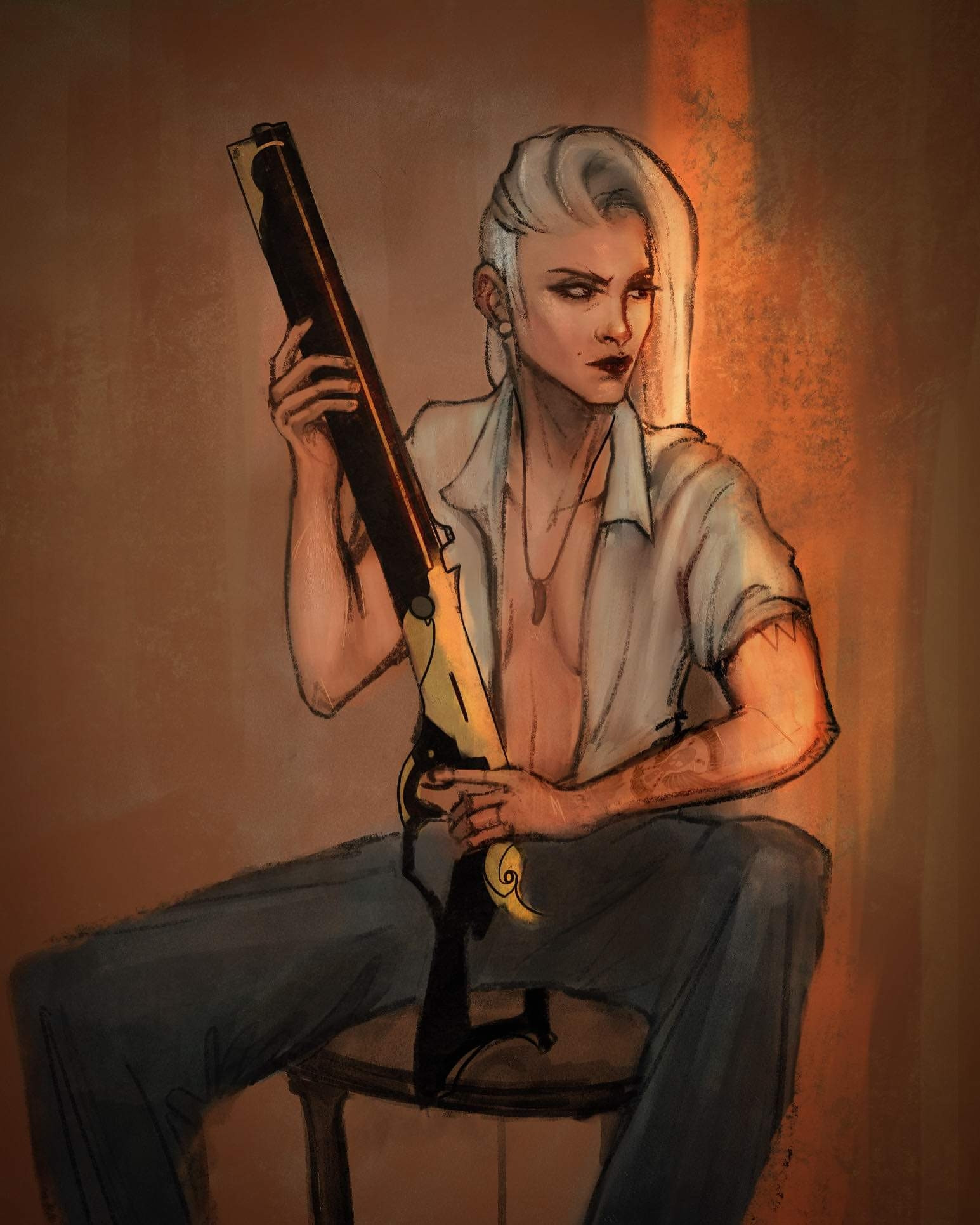 Ashe from Overwatch holding her rofle and sitting on a chair 