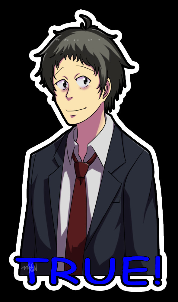 A fanart of Tohru Adachi's default sprite from the game Persona 4 with blue text saying "TRUE!" in Comic Sans.