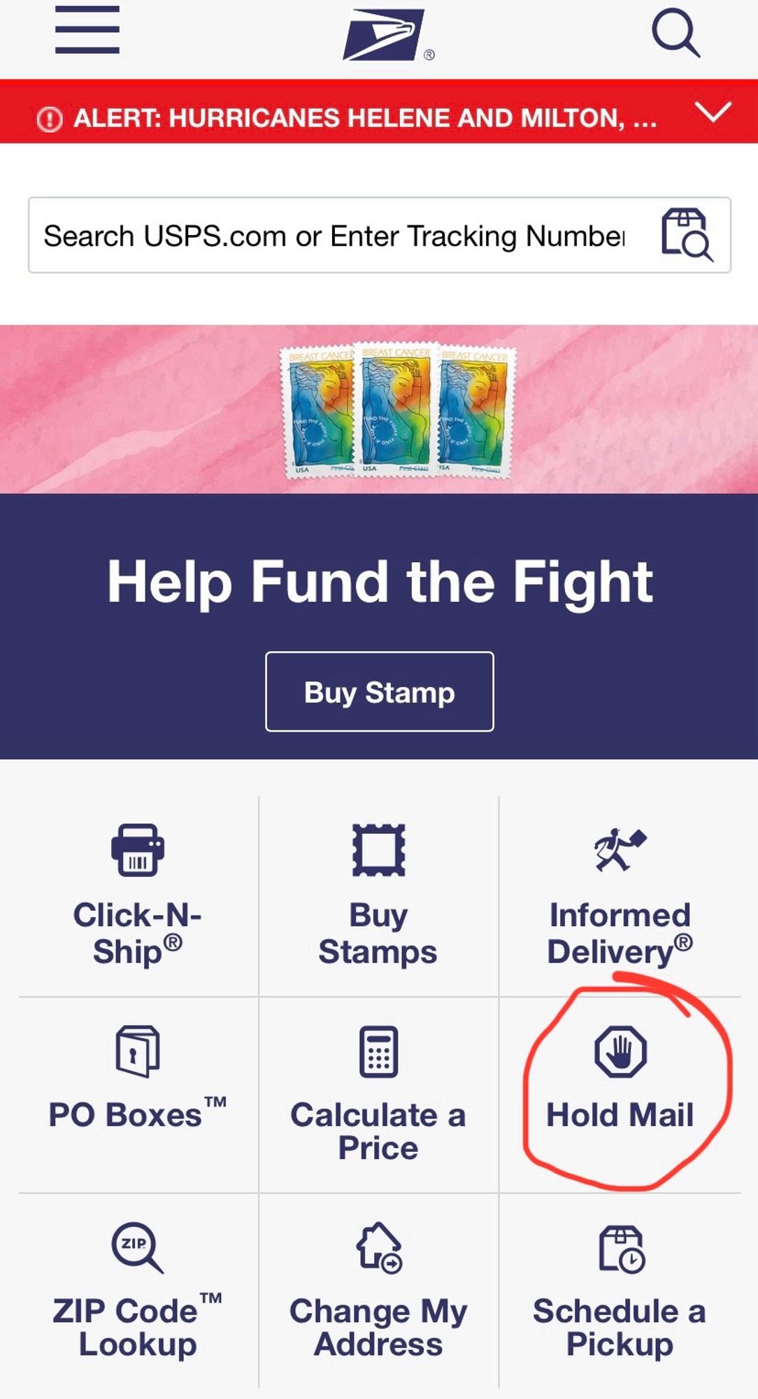 Screenshot of the USPS website with the “hold mail” button circled in red