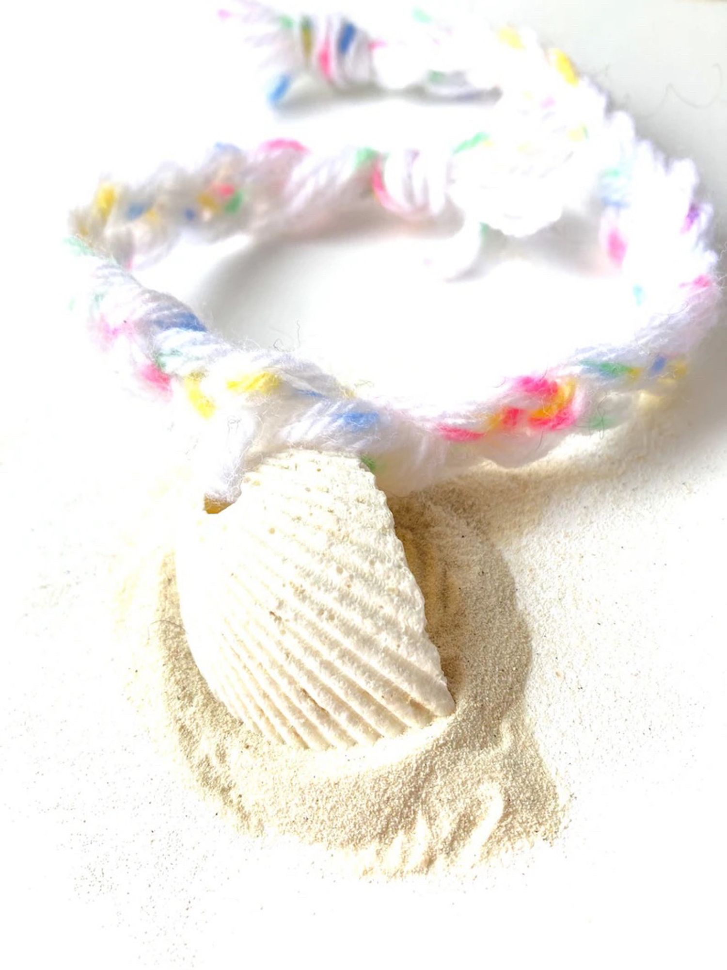 Acrylic wool and natural shell braided bracelet , white