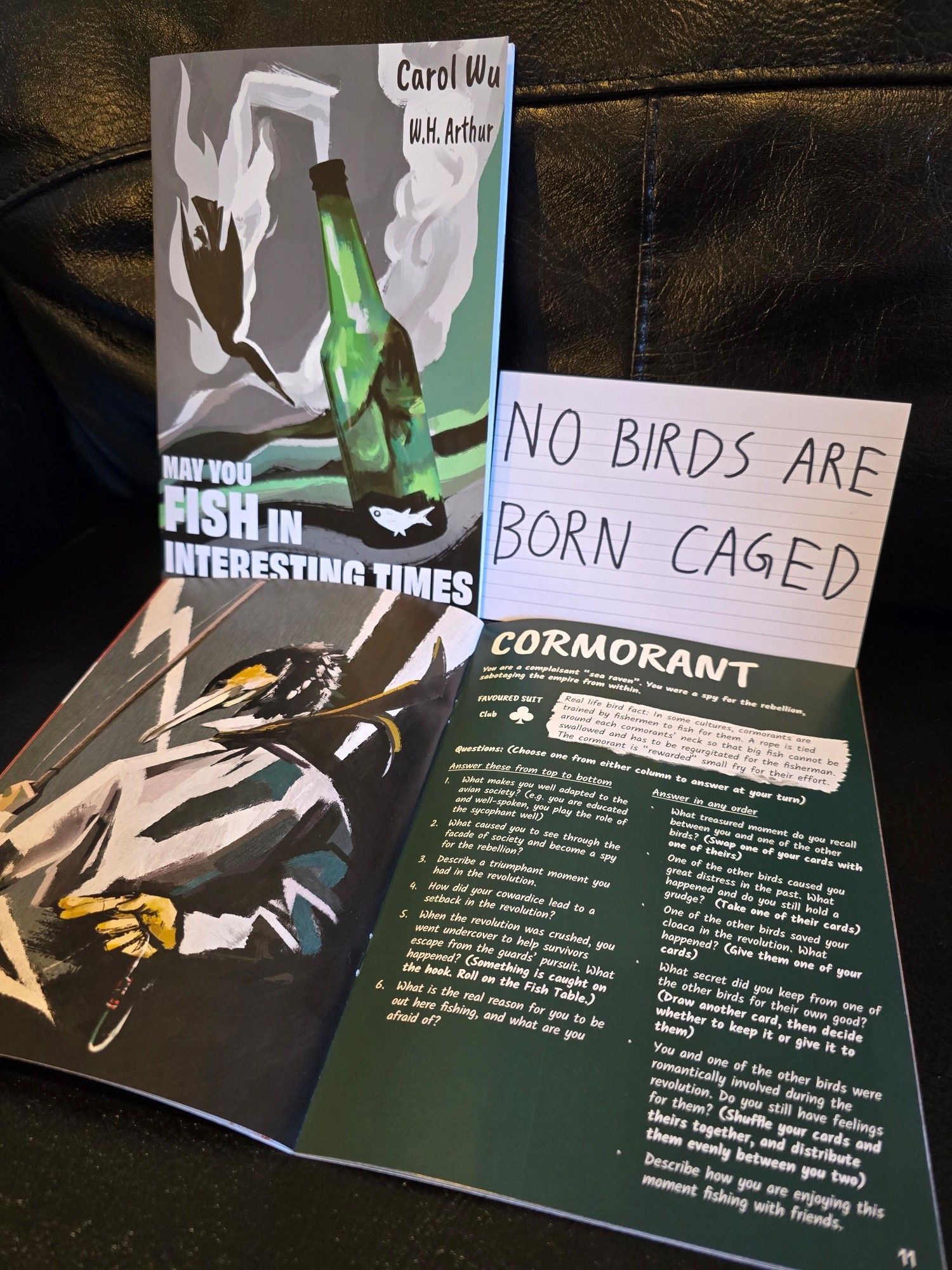 Photo showing the cover of May You Fish in Interesting Times and an opened copy of the zine displaying the Comorants playbook. There's an index card with the words "No birds are born caged".