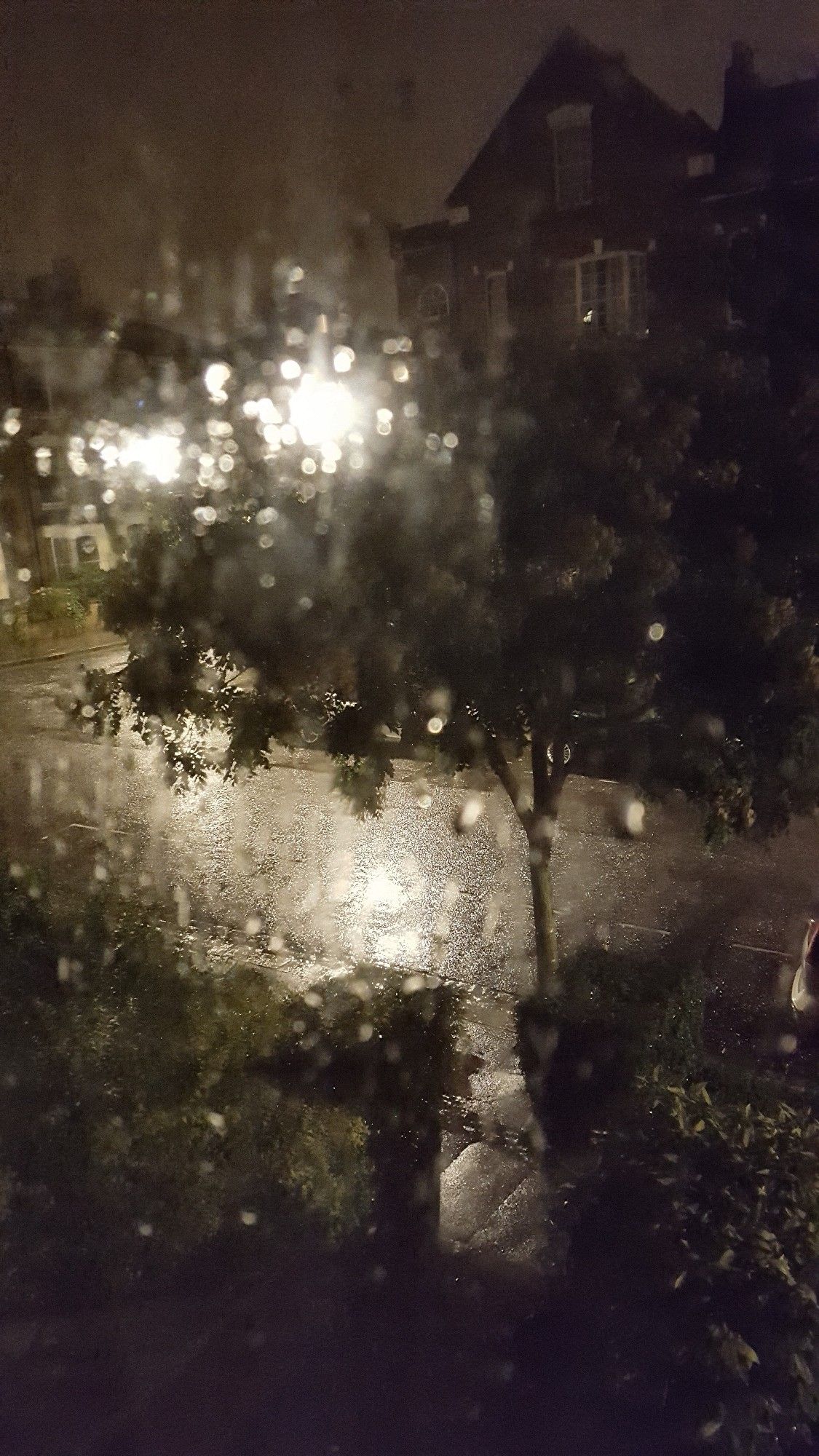 A view through an upstairs window covered in raindrops at night-time, with a tree in the foreground and dark house in the background blurred by the raindrops. A street-light can be seen through the tree, and its light is also reflected from the wet street.