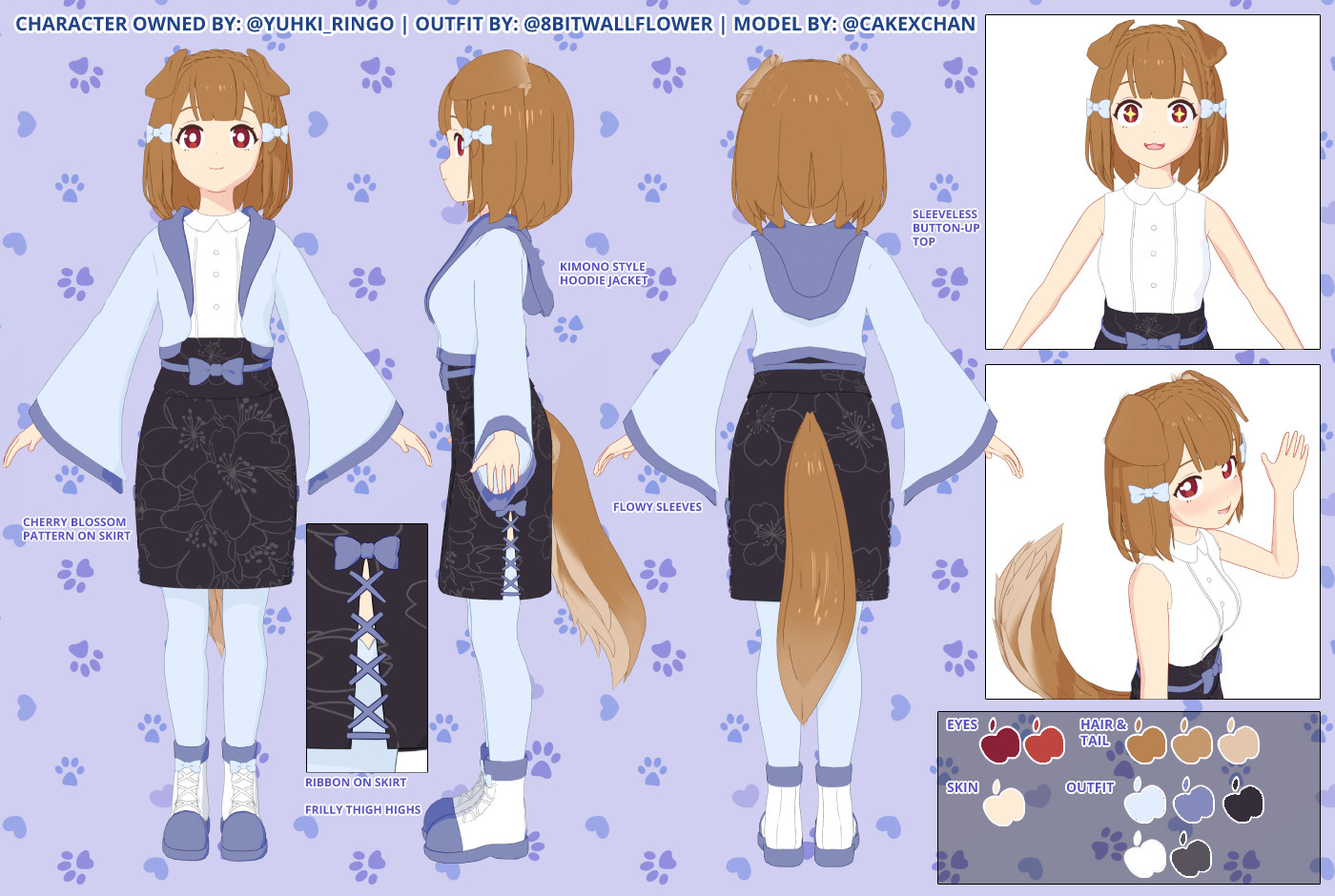 Yuhki Ringo's second outfit "idol", is a long sleeved idol jacket of similar purple-ish blue to her main innkeeper outfit. Along with the jacket, she has a white sleeveless vest underneath, and wears a black skirt with lily patterns across it.