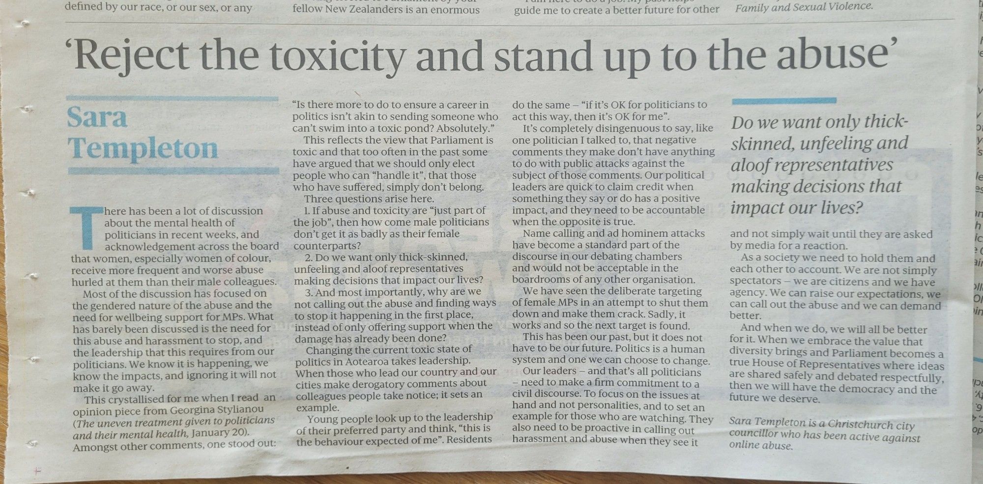 Screenshot of an opinion piece in the Press this morning. It is too long to type out, sorry, but it's about stopping the abuse of female politicians not just offering support afterwards - and the political leadership needed.