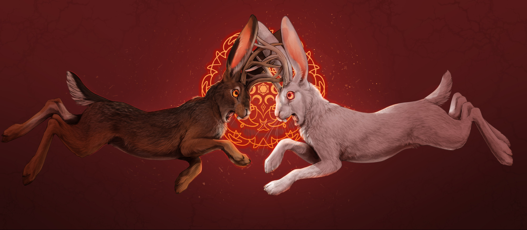 Two jackalopes, rabbits with antlers, are suspended mid-fight in front of a red background with orange insignia.