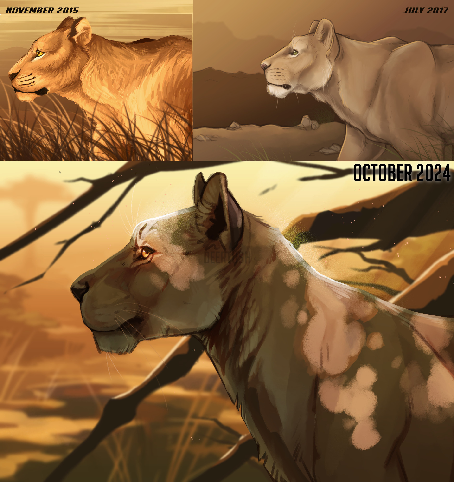 Three paintings of a lioness from three different years: 2015, 2017, and 2024. 