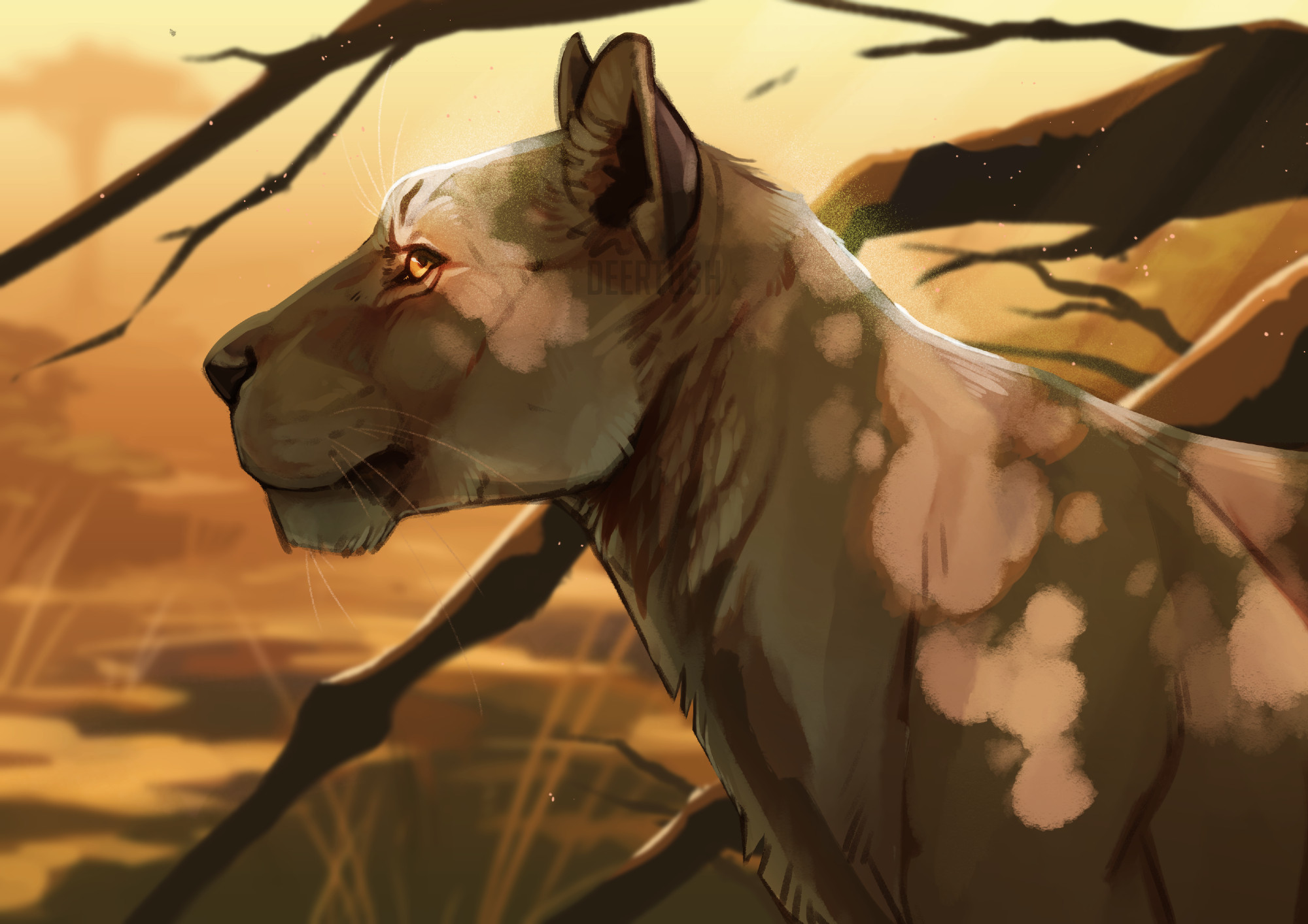 A painting of a young lioness in shadow.