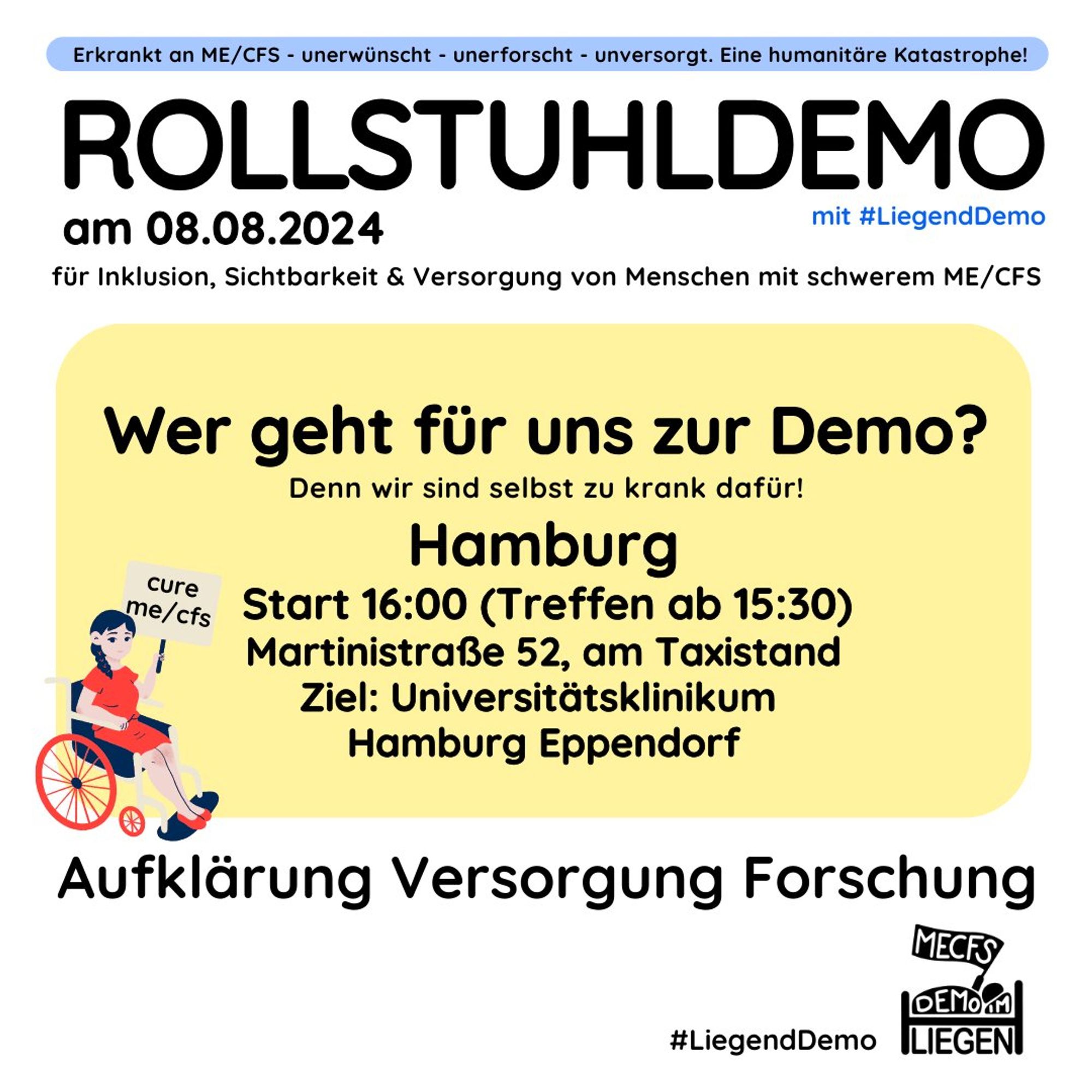 Rollstuhldemon für Inklusion und Versorgung von Menschne mit schweren ME/CFS , 8.8. 24, Treffen ab 15.30 Martinistraße 52 am Taxistand