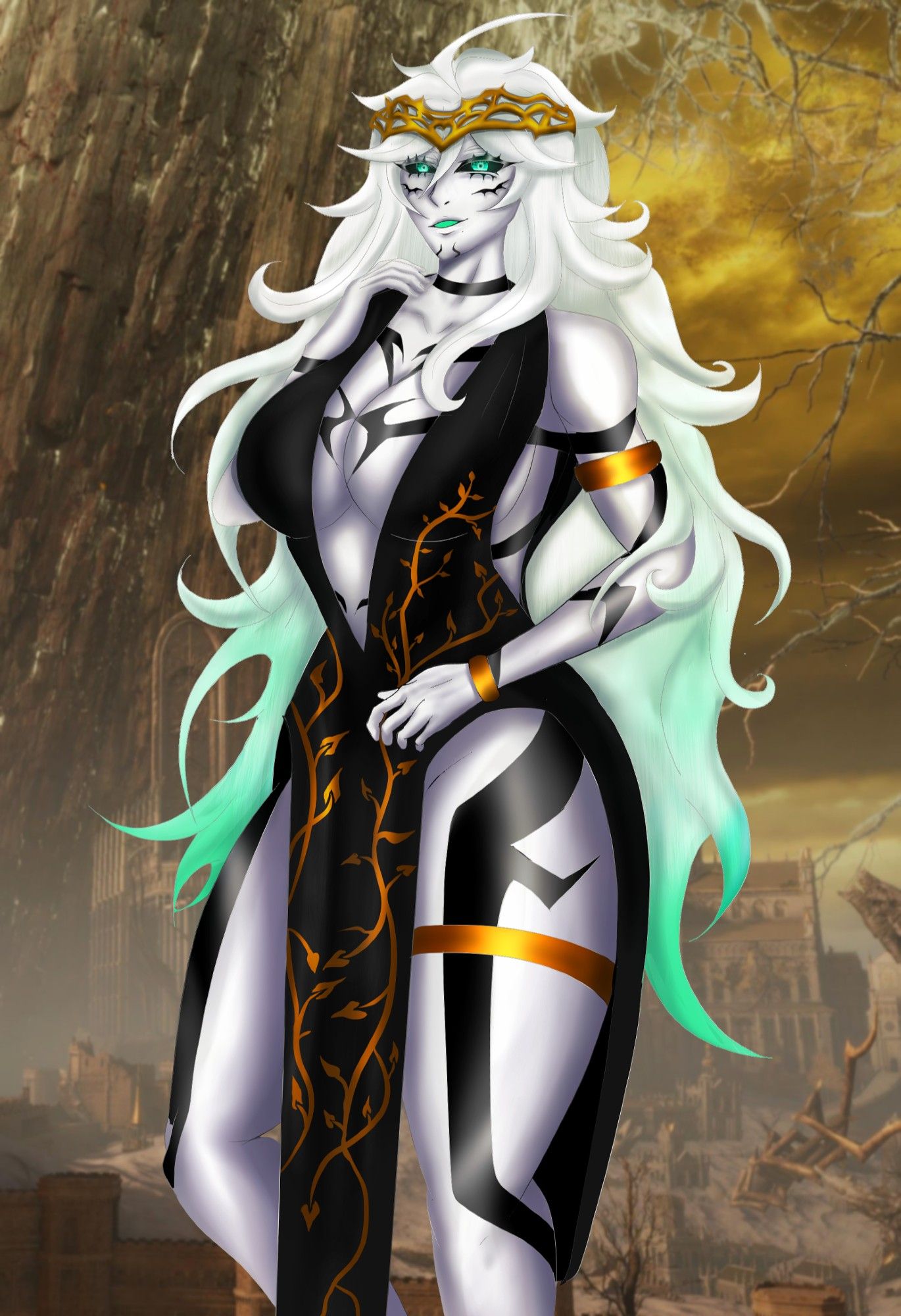 The image shows Spectral silk, a Nonbinary- Feminine presenting eldritch Vtuber with ghostly white skin and jagged black tattoos that flow from their back wrapping around all her limbs.

they have long messy and spiky hair that starts white but fades into mint green at the end.

their sclera is black while their iris and tongue are also mint-green. their iris also contains a subtle spider-web pattern.

there is also another set of eyes which are closed beneath the primary pair.

Silk is cosplaying Queen Marika the Eterna and is wearing a revealing black dress with a golden vine pattern, she is also wearing a crown, golden arm bands, a bracelet and a garter.

the background is a screen shot of Leyndell, Royal Capital from Elden ring which Marika is from.