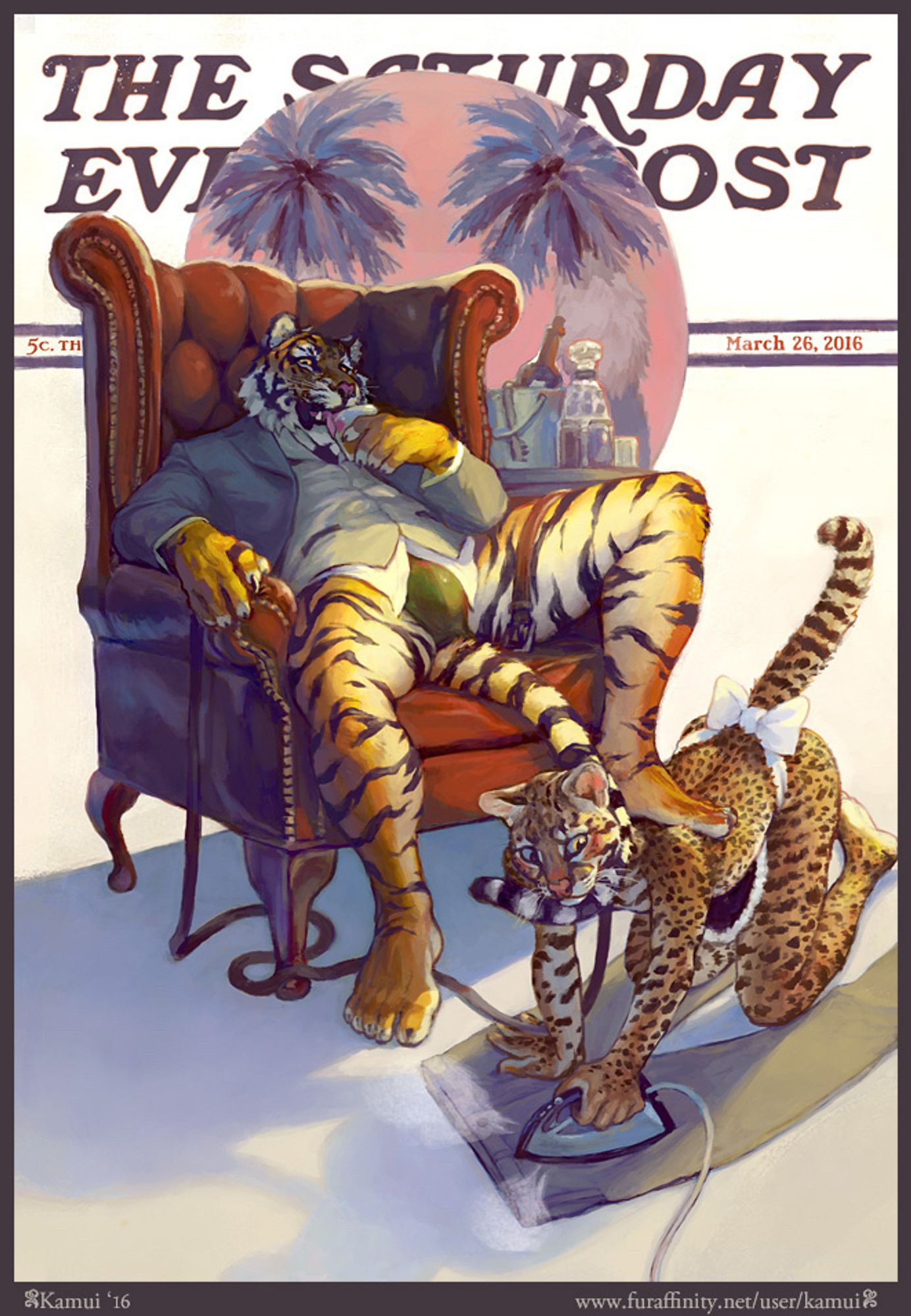 A tiger boss in a suit, sans pants, lounging in a leather chair. He is using his cat maid boy as an ottoman while the cat irons the tiger’s pants.