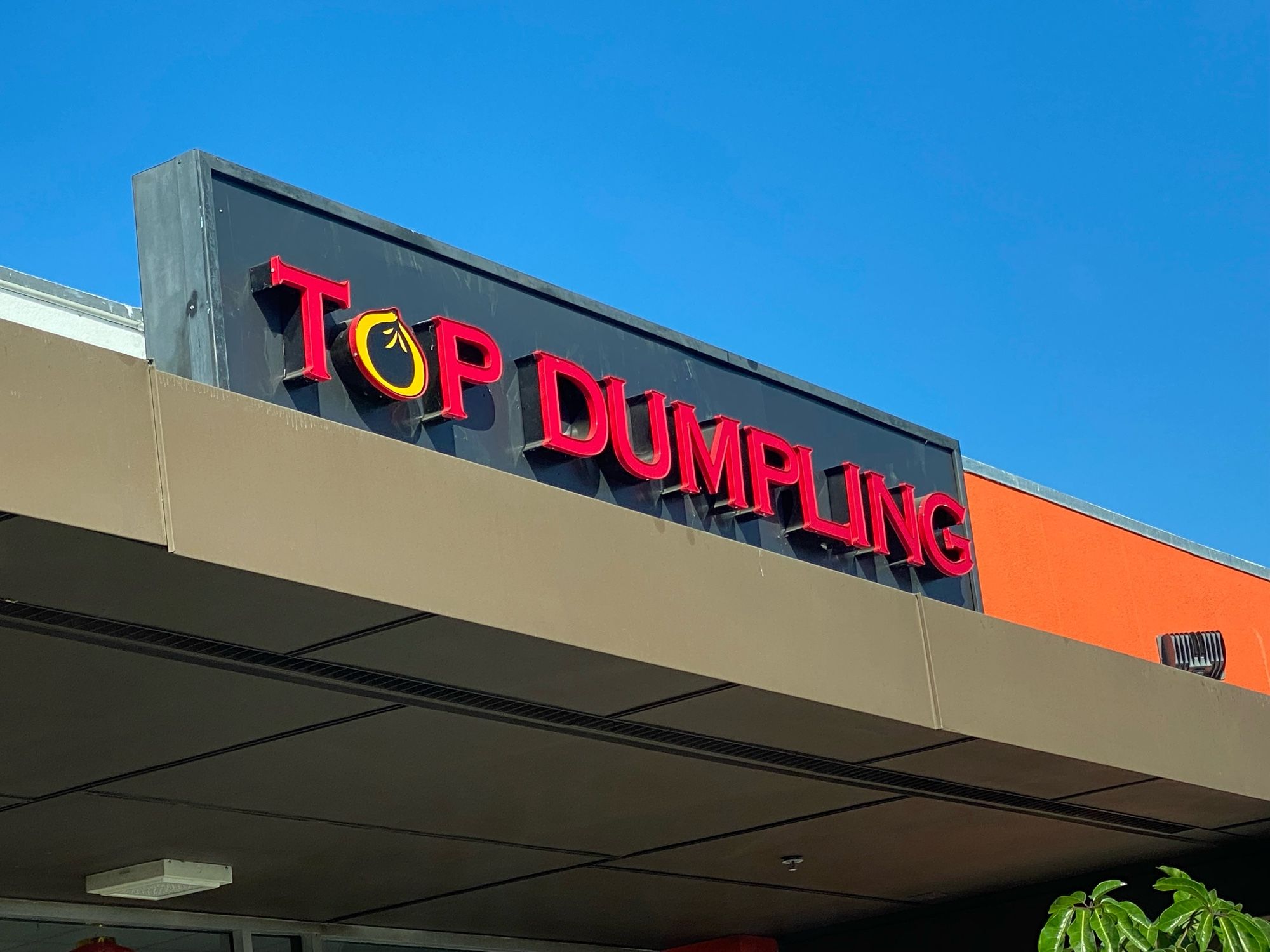 a sign for a restaurant named Top Dumpling