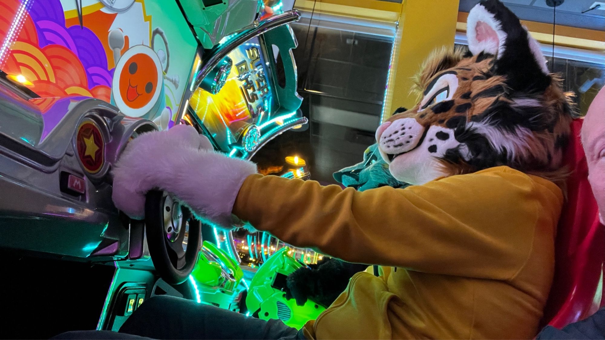 Vroom vroom! Hashtag and Tryk, a cat and a fox, kicking your ass at racing games at Flipside arcade. Cat suit by JayCostumes, Fox by WhiteyFawks