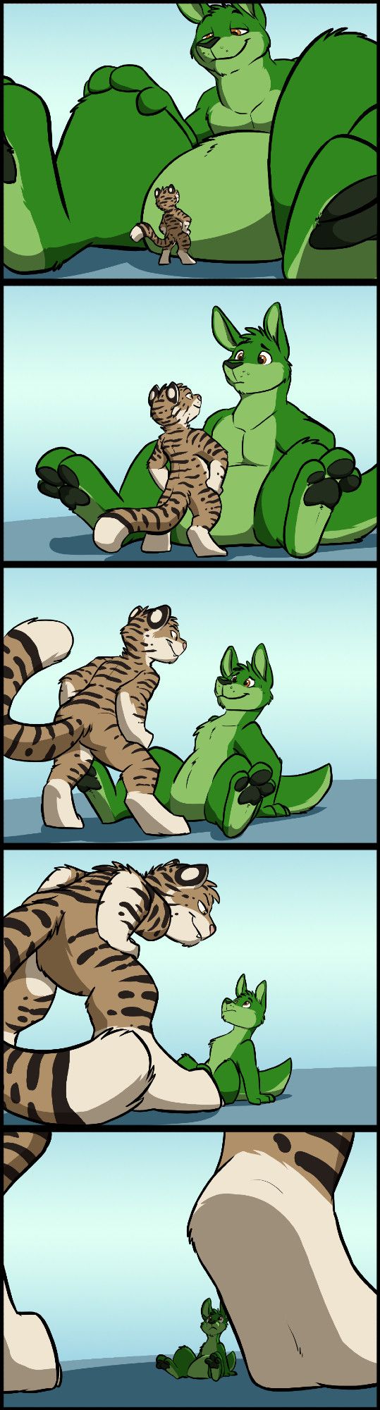 A five panel comic strip of Hashtag the little cat admiring a giant green kangaroo, who gets a lot less giant, then a lot less, and less and less..... 

art by BuckDaSystem: https://www.furaffinity.net/user/buckdasystem/