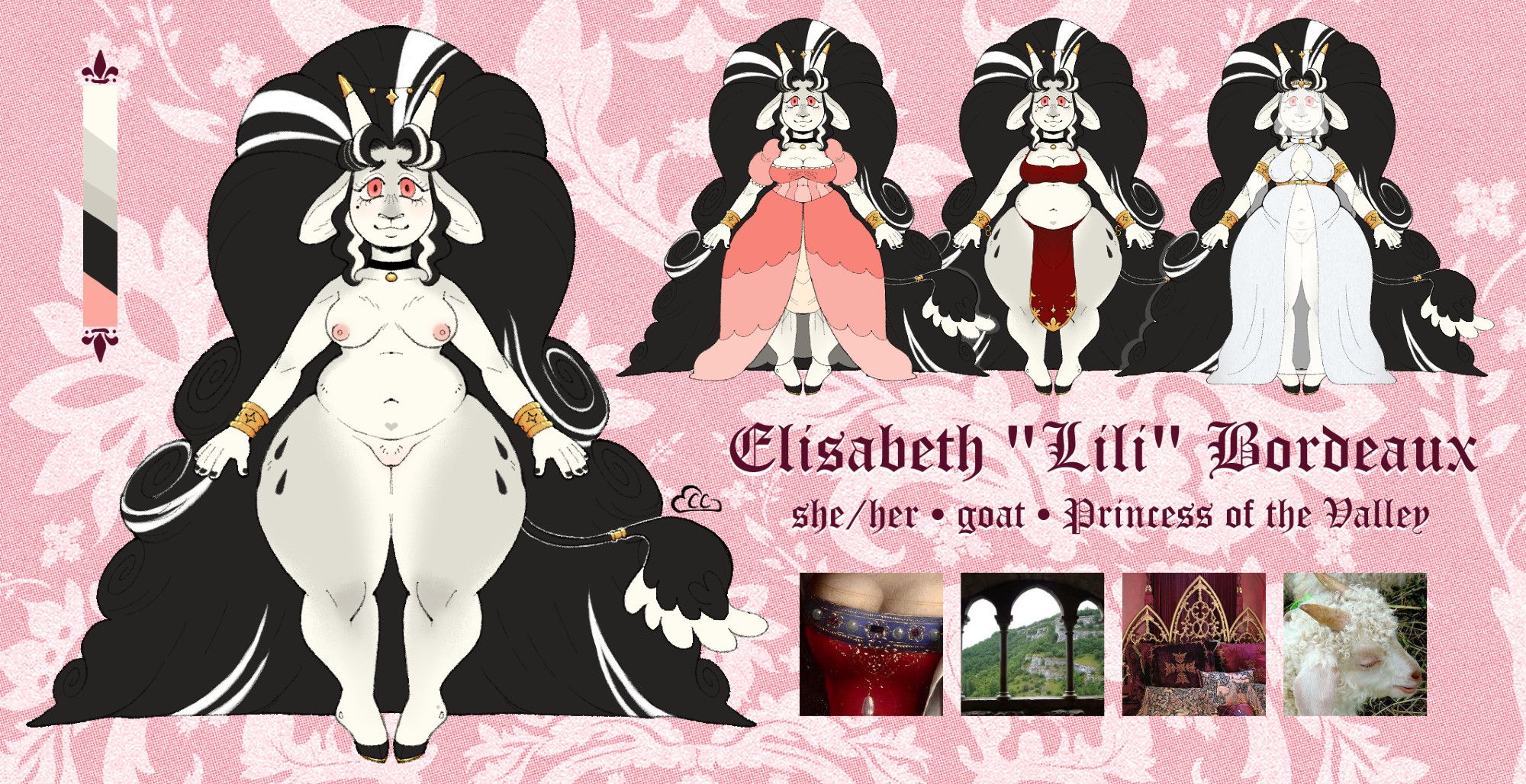 a reference sheet for Lili, a goat princessfur.