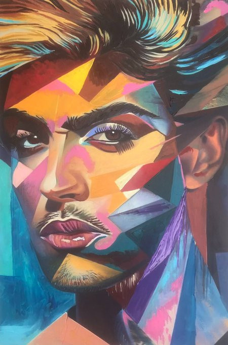 A portrait of the singer George Michael joins together to form an abstract, colourful cubistesque design. The colours are bright and bold, with geometric shapes forming George's face. features. In sharp focus, his eyes sparkle in front of a backdrop of vibrant hues. A blend of modern artistry and vivid colour palette creates a striking visual impact bringing into view his dynamic personality as a visual. This piece captures both iconic features and artistic flair.