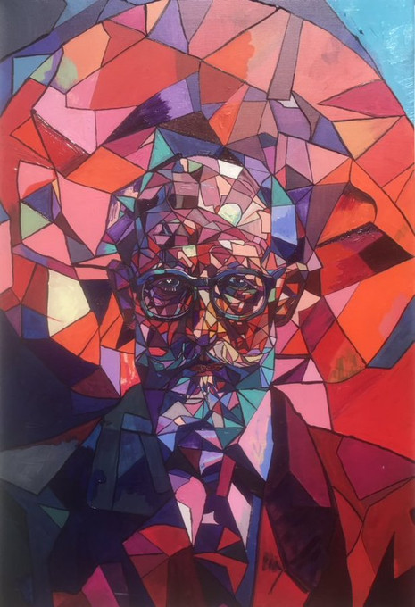 Sigmund Freud was a complex character, with complex ideas and thus I have built my painting of him in a complex manner. Mr Freud's face, head and brain are many fragments of many colours, I have depicted him with an aura of hot reds and pinks and some contrast, a mega-aura if you will, otherwise you see his signature glasses suite and tie bt then I may have taken a bit of a liberty there too