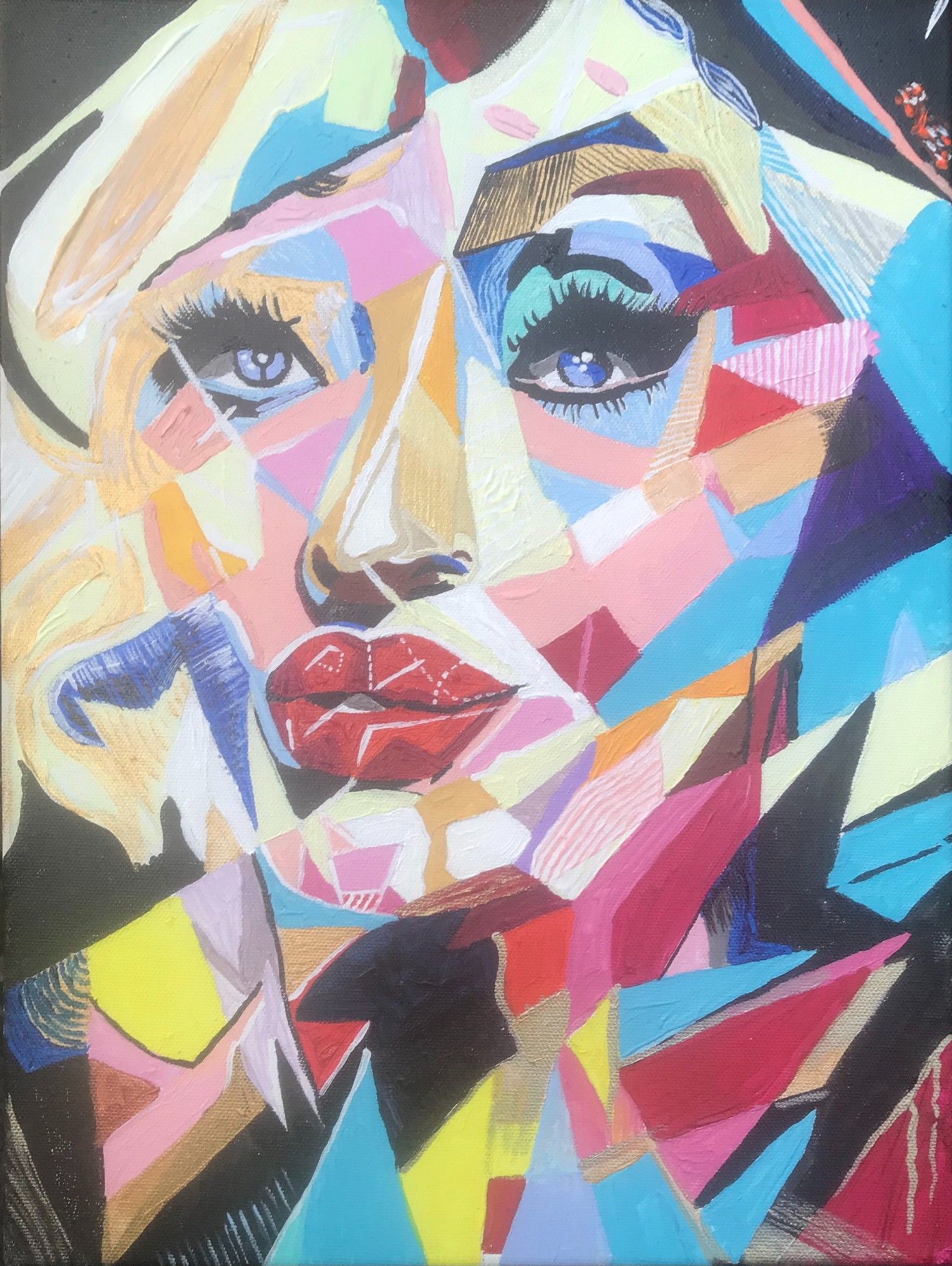 Dolly Parton has a timeless quality, here we see her in a cubist take, somehow smashing around her to pieces with the sheer force of her will. I was tempted to paint Dolly when she was  lot younger but I felt that Dolly herself would say she is in her prime. It's been a please to be immersed in her for 4 days