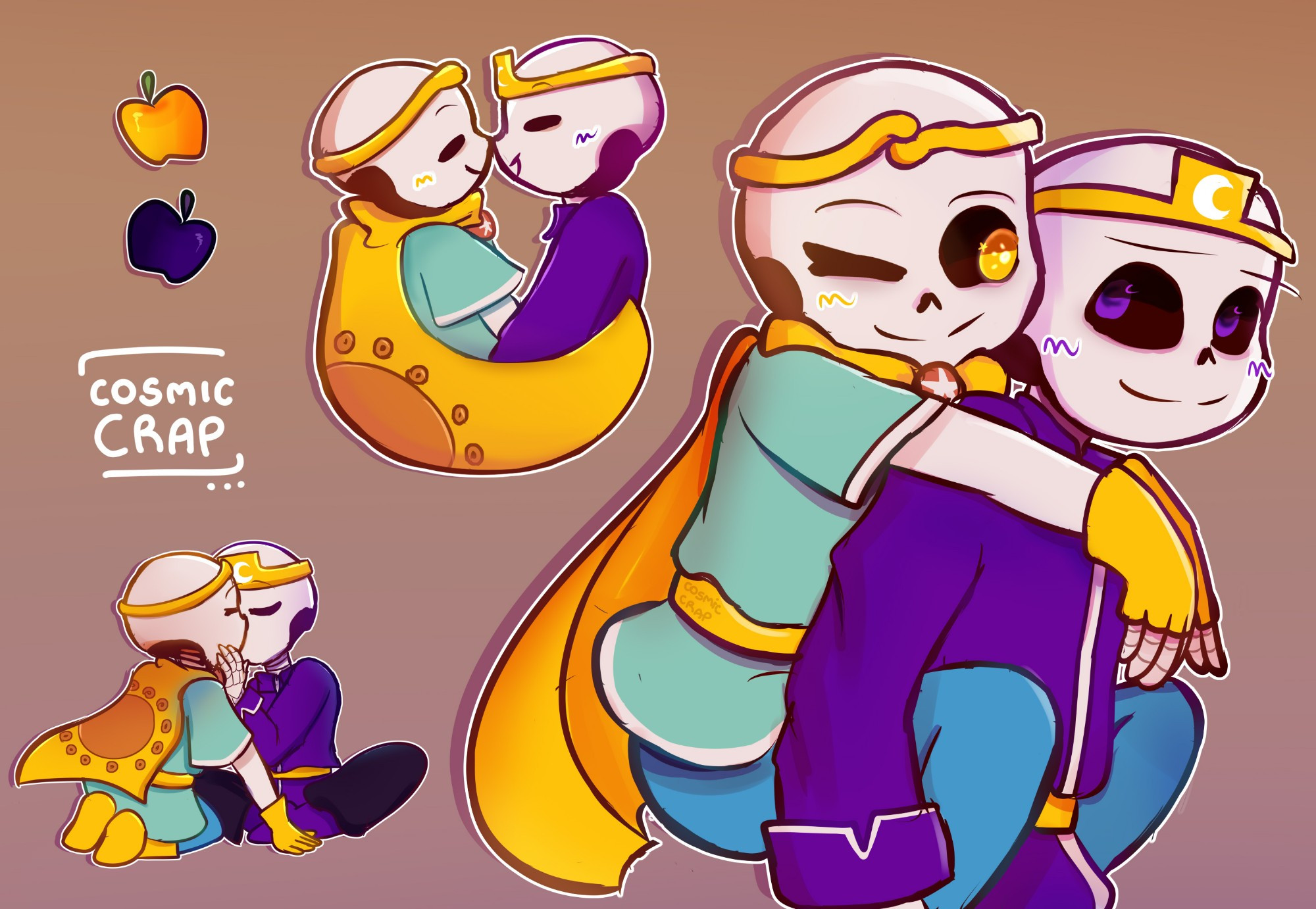 Three drawings, each depicting Dream Sans and Nightmare Sans in a romantic light. In one, Nightmare is giving Dream a piggyback ride. In the second one, they are nuzzling each other. In the third drawing, they are sharing a kiss. They are depicted as their younger selves, before the apple incident.