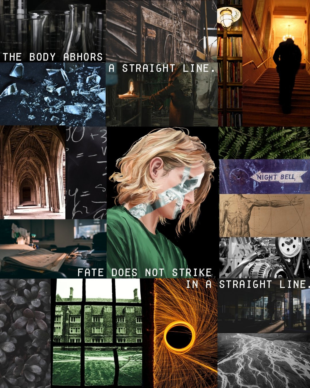 A moodboard for an adult science fantasy novel currently looking for literary agent representation, in dark tones, featuring a painting of a blond man with chin length hair in a green shirt at the center, with an X drawn across his face through which an xray of his skull can be seen. The images around him are of a university campus with gothic architecture, dark flowers and ferns, chemistry glassware, a ring of sparks, a river delta, machinery, anatomical images, and a smithy.
Text on it reads "THE BODY ABHORS A STRAIGHT LINE. FATE DOES NOT STRIKE IN A STRAIGHT LINE."