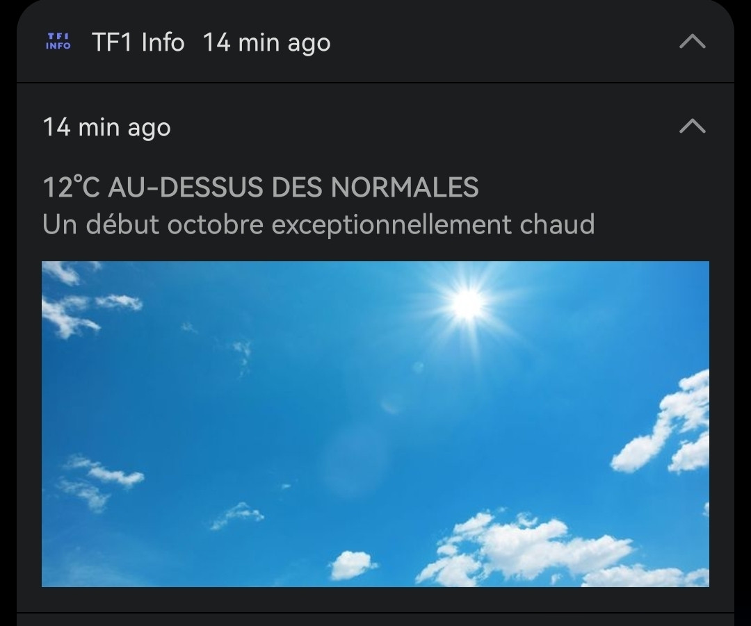 Photo de ciel bleu ensoleillé en tête d'un article de TF1 annonçant "12º au-dessus des normales saisonnières début octobre".