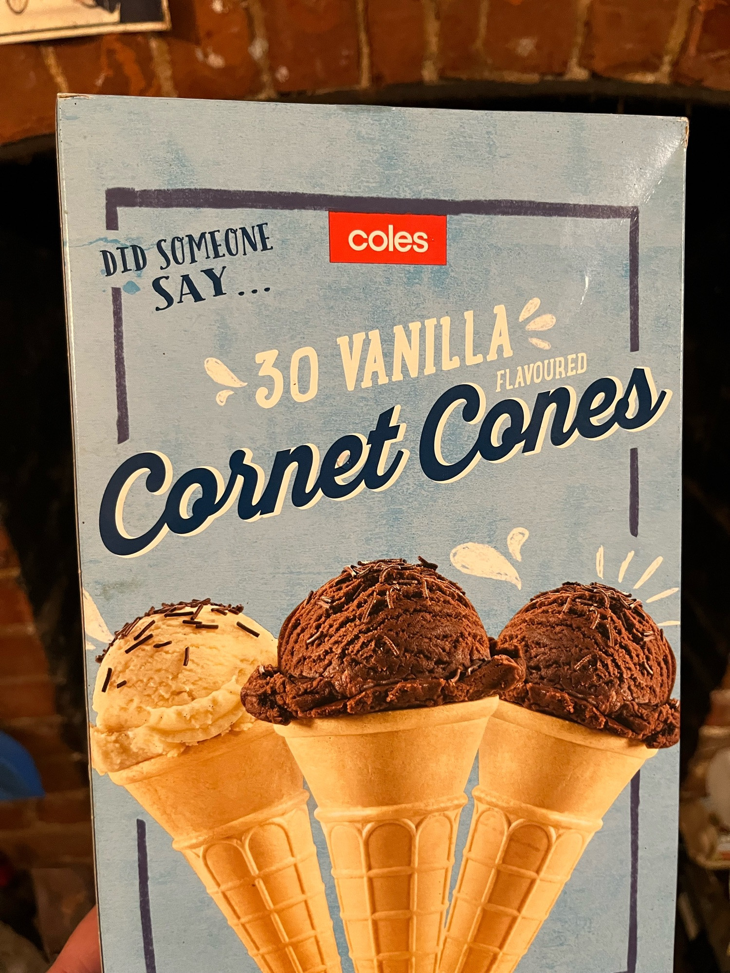 Box of ice cream cones that says “Did someone say… 39 Vanilla Flavoured Cornet Cones.” The answer is “no one did.”