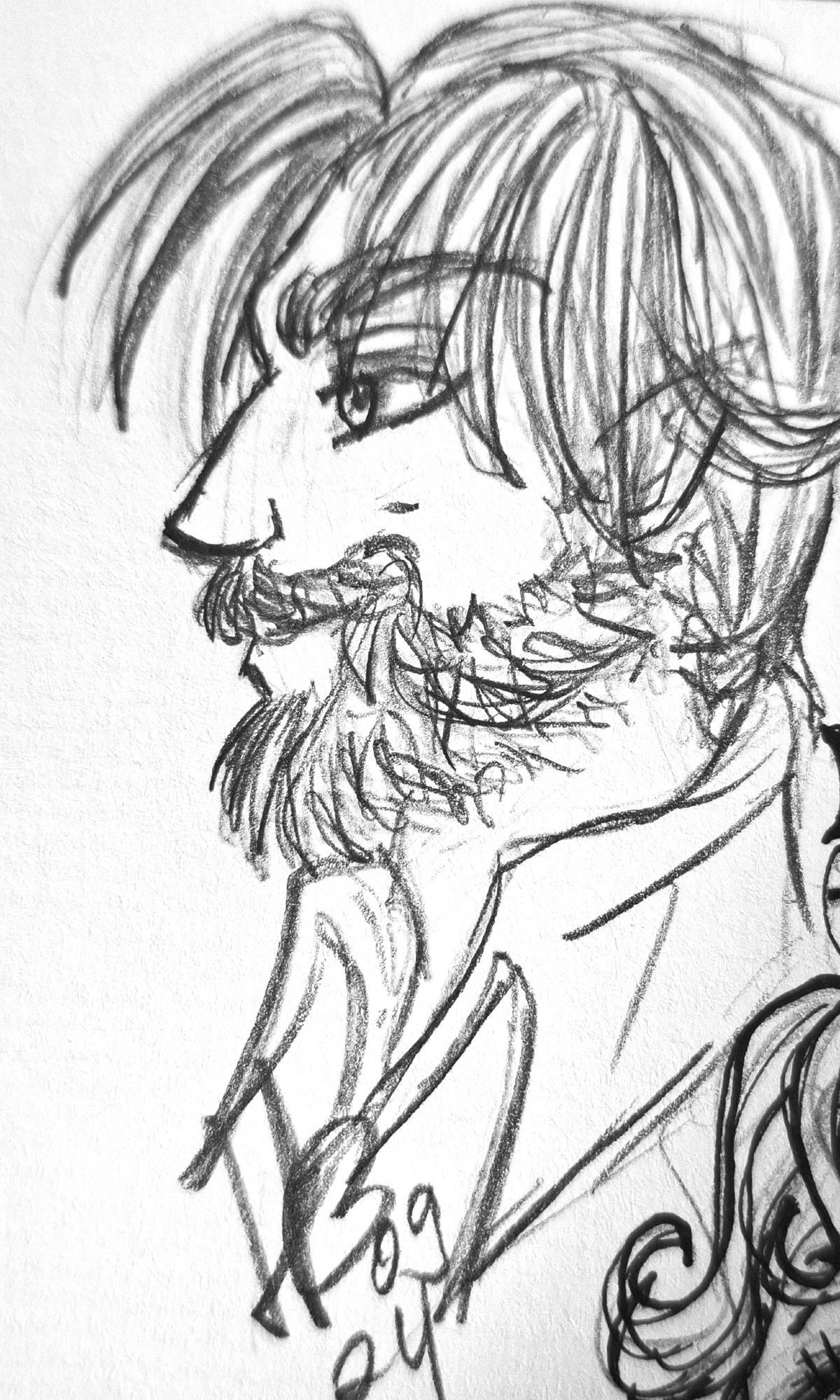 A black and white pencil sketch of a man's bust. He's seen in profile, smiling, with a full, dark beard. His hair is dark and long, gathered in a ponytail behind him.