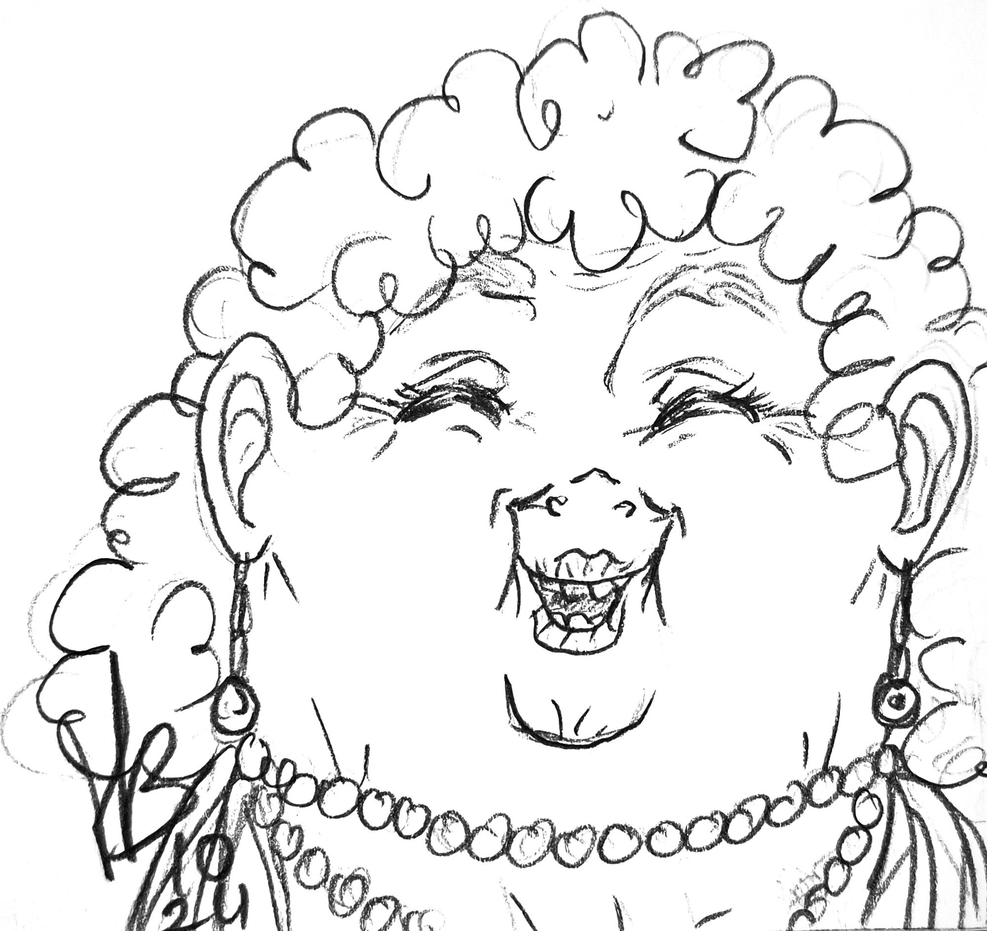 A black and white pencil sketch. Headshot of an elderly lady with a hige, egg-shaped face. She has a very kind smile, curly, light hair, and is wearing pearls and long earrings.