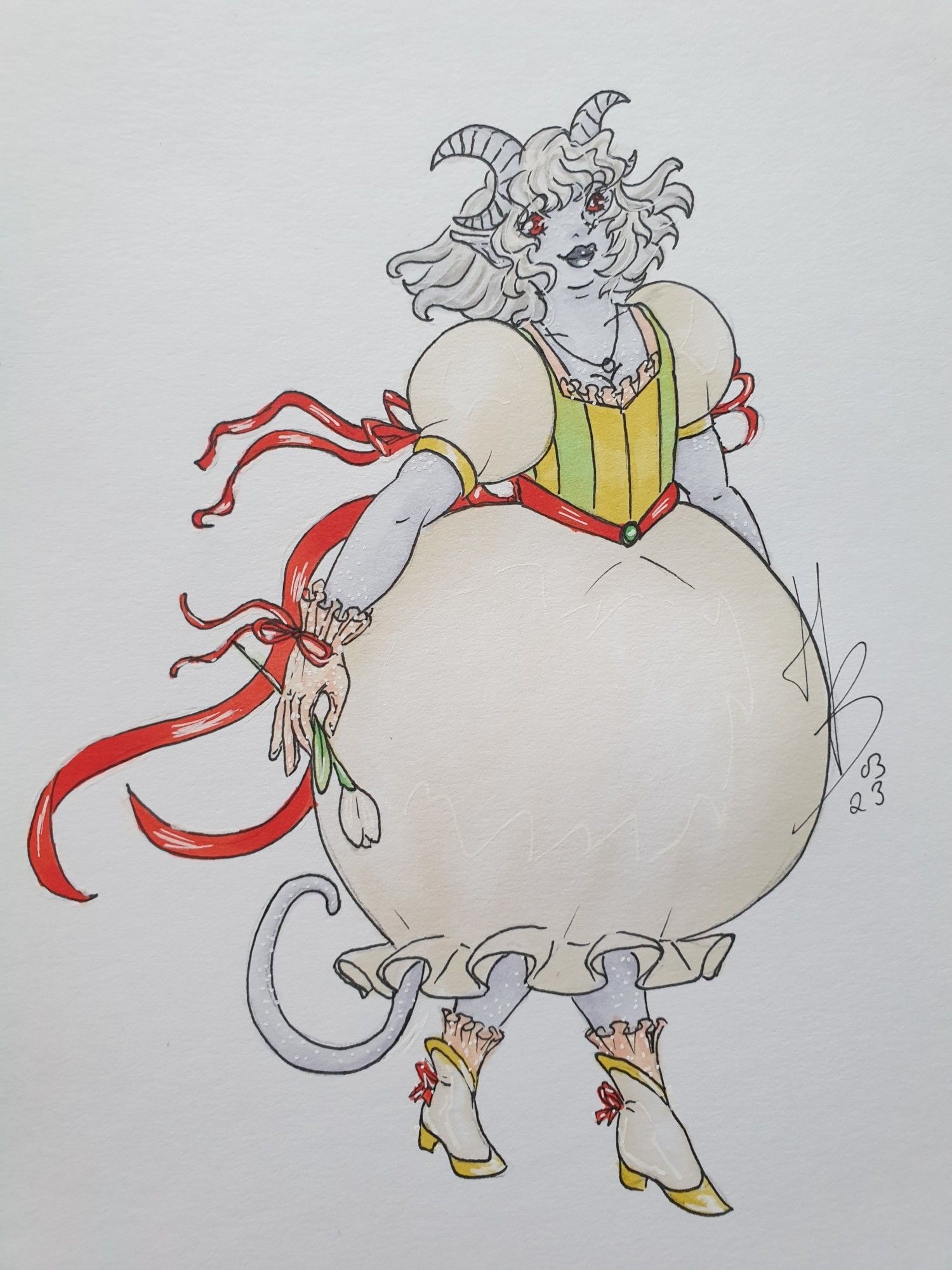 Annabelle, my Tiefling Necromancer. She has two crescent horns, light grey skin, grey hair, red eyes and an overweight bodytype.
Her dress is like a lilly of the valley, decorated with many red ribbons.
She has a single white tulip in one of her hands.