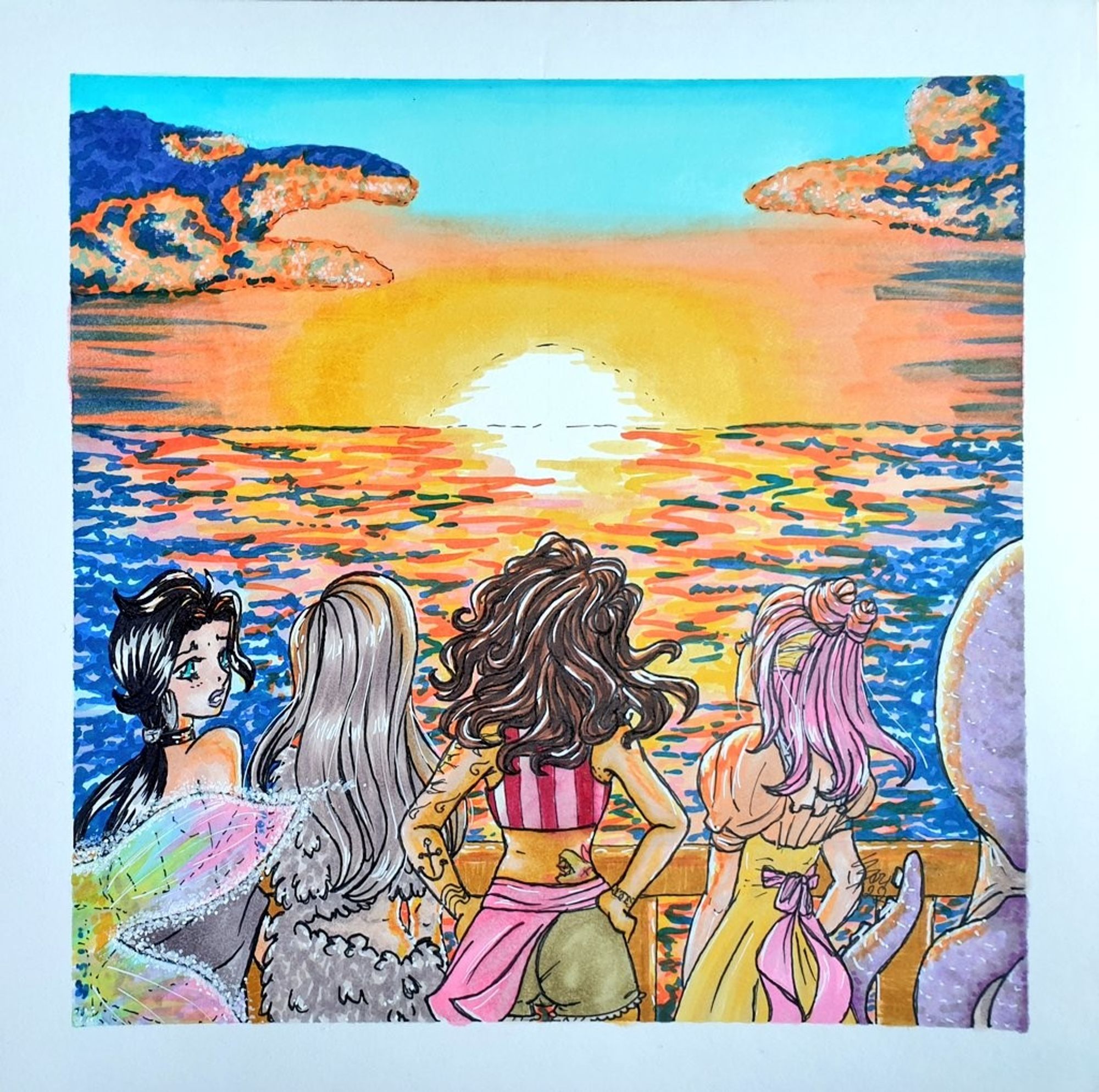 A picture of our TSL group. 4 women are seen from behind, as well as half of a huge octopus. They are lookung out at the sun setting on the sea. One of the women turns around and looks at the tail of a transluscent, rainbow-coloured fish, that seems to glow.