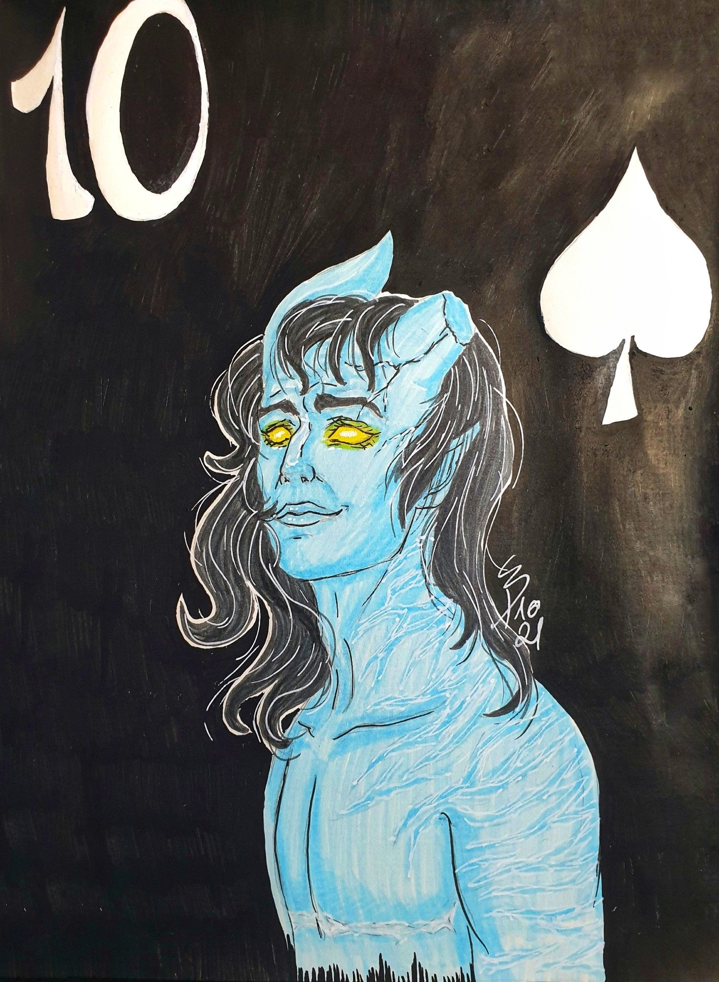 My light blue Tiefling Morpheus. He has sand coloured eyes that seem to glow. He is seen in a bust view, looking slightly up, smiling.
His nose is crooked and his left horn is missing, only a broken stump left, a scar crawling towards his eye, like on broken porcellain.
He wears no shirt and you can see his transition scars, as well as the scarred left side of his body.
He has shoulder long wavy black hair.
The background is a solid black, with a white 10 on the upper left corner and a white spade right beside his head, indicating this is the tenth of spade playing card.