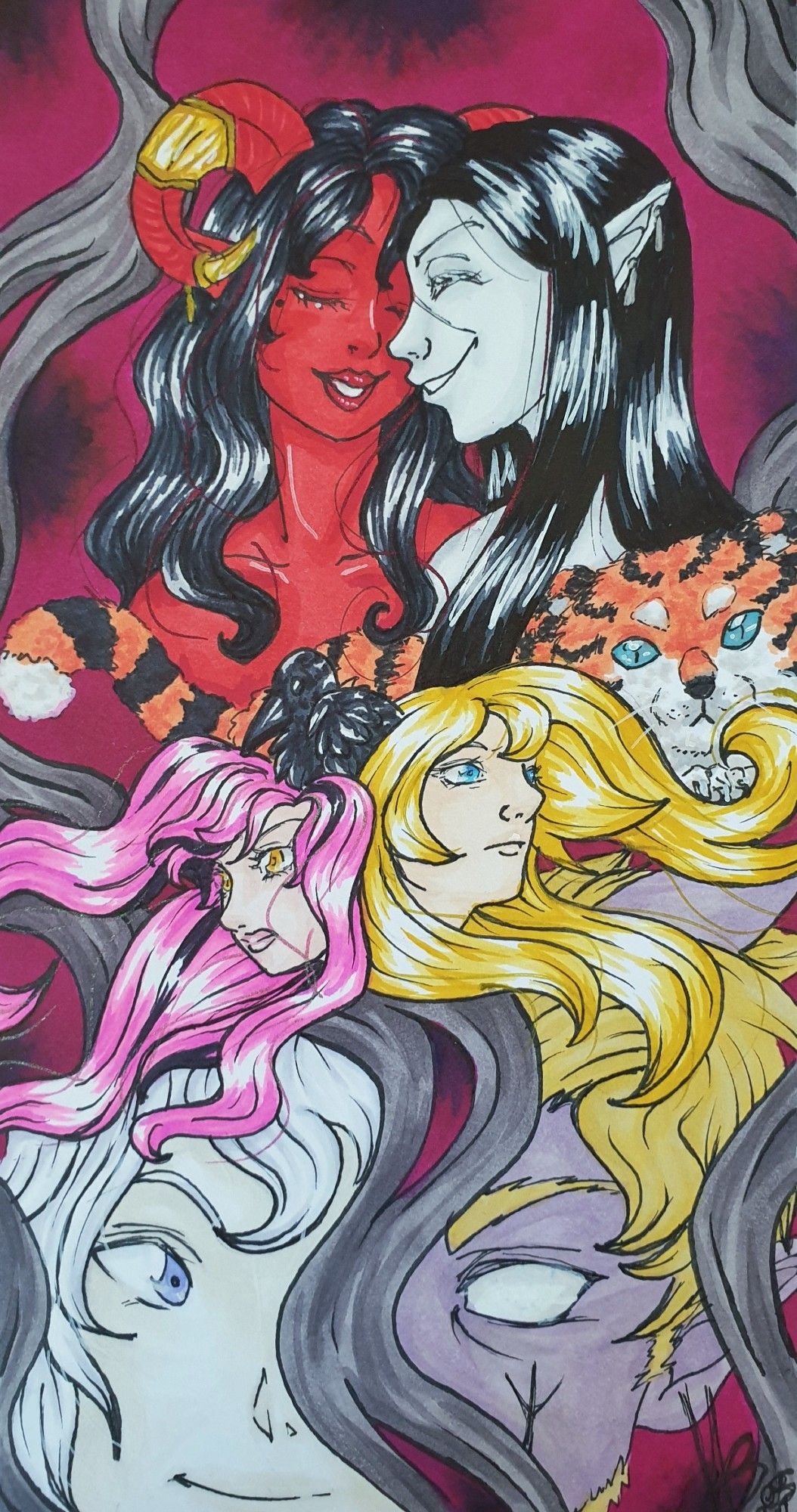 Marker painting of our FaerieFire group, depicting red Tiefling Mordai and their mate, the Drow Dante at the top, with their pet baby tiger Björn beneath them.
In the middle are the Aasimar sisters Zahra and Nelifer, with Zahra's familar, Bob the crow, perched on her head.
Lastly we have our Reborn Cassian and our other Tiefling Niklas.
All are joined and separated by whisps of grey mist, the background an eerie red with dark splotches.