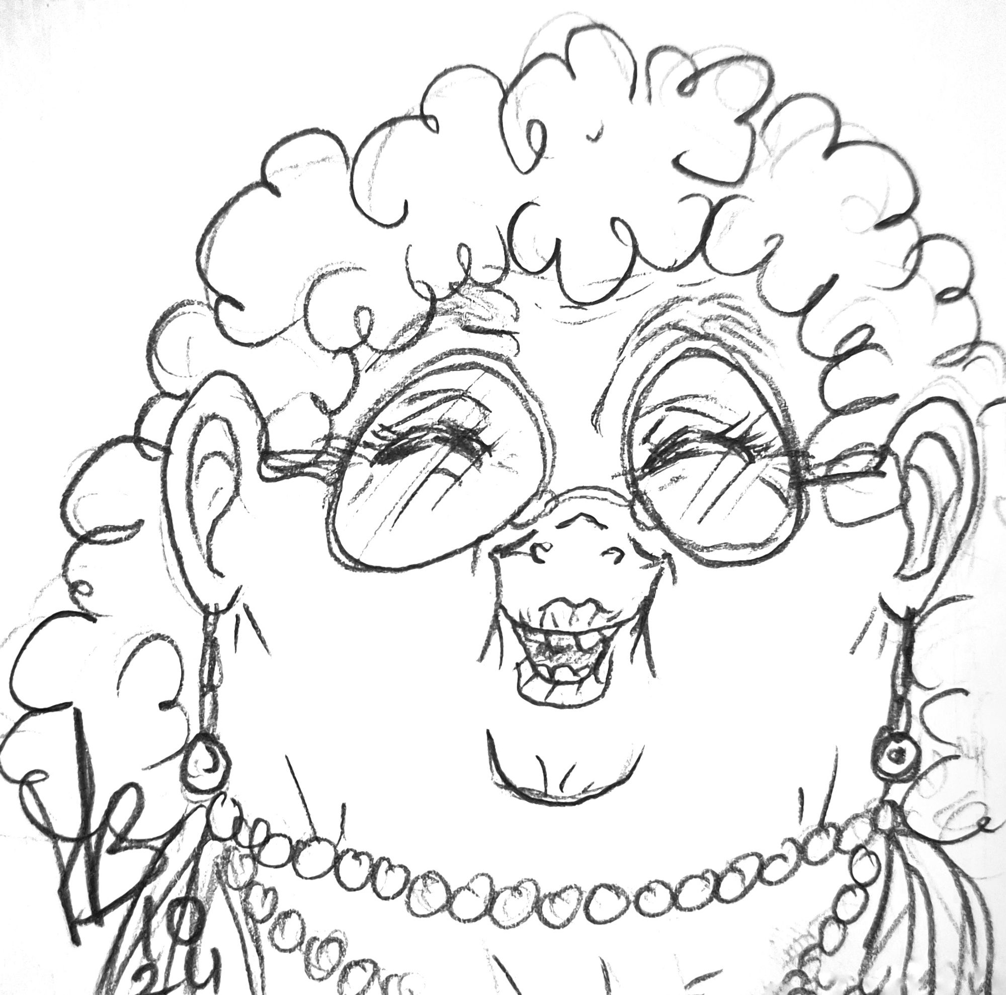 A black and white pencil sketch. Headshot of an elderly lady with a hige, egg-shaped face. She has a very kind smile, curly, light hair, is wearing pearls, long earrings and quite wonky glasses.