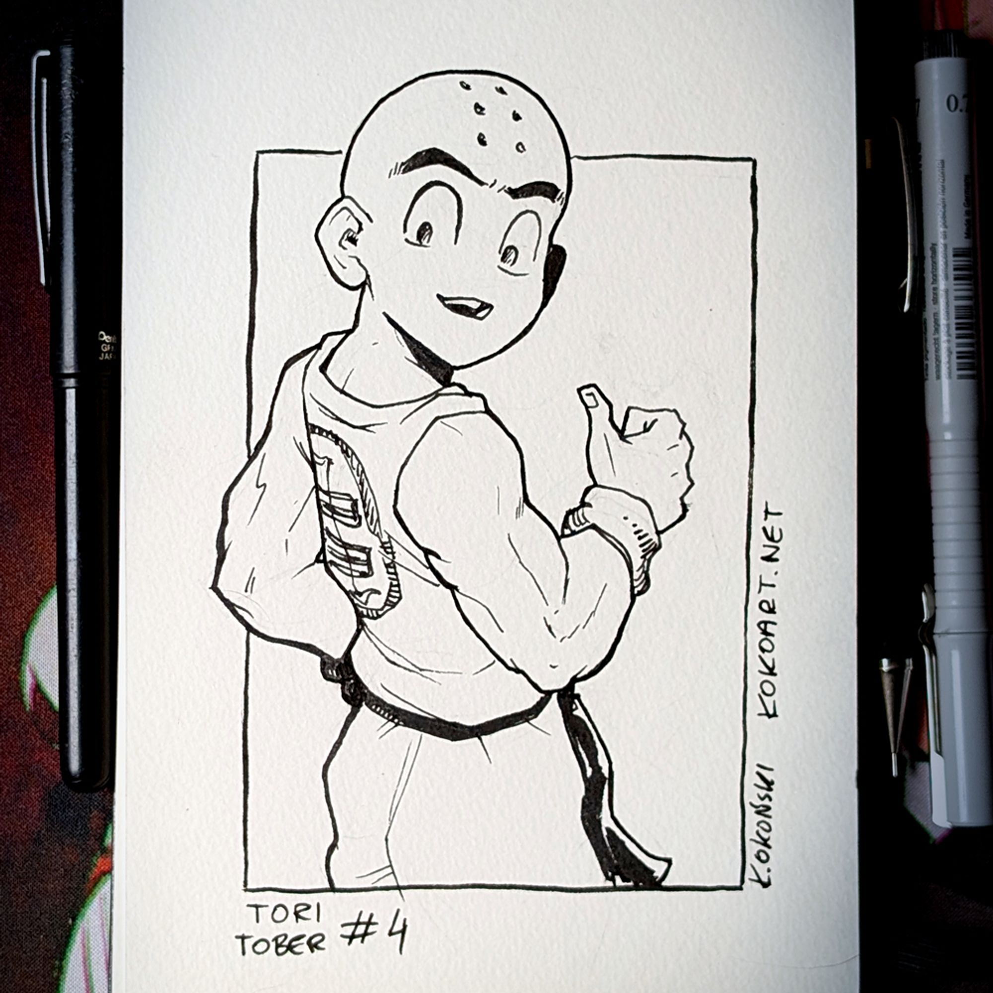 An ink drawing of Krillin, from Akira Toriyama's Dragonball.