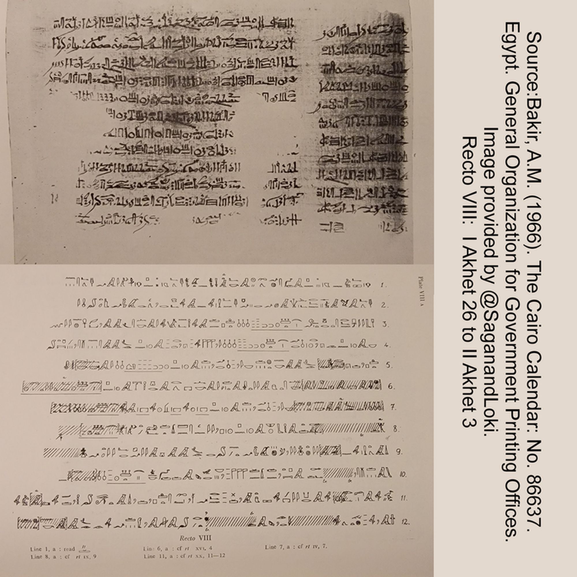 An image of hieratic text on papyrus on top and hieroglyphic transcription on the bottom. Title and source text is included: Source: Bakir, A.M. (1966). The Cairo Calendar: No. 86637. Egypt. General Organization for Government Printing Offices. Image provided by @SaganandLoki. I Akhet 26 to II Akhet 3