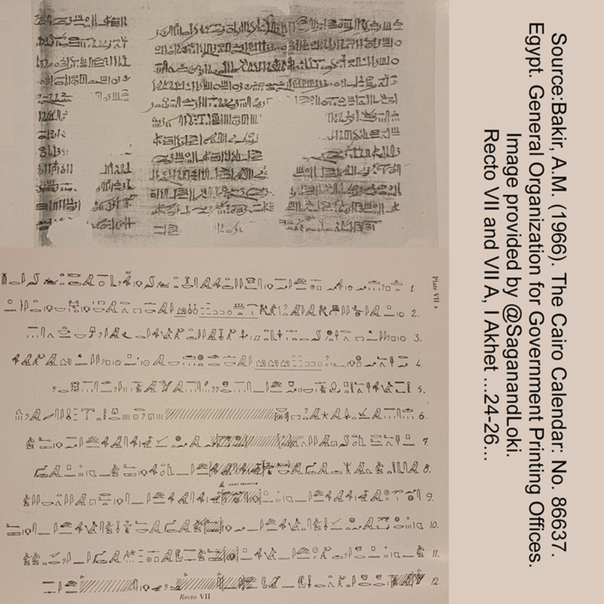  An image of hieratic text on papyrus on top and hieroglyphic transcription on the bottom. Title and source text is included: Source: Bakir, A.M. (1966). The Cairo Calendar: No. 86637. Egypt. General Organization for Government Printing Offices. Image provided by @SaganandLoki. Recto VII and VII A, I Akhet ...24-26...