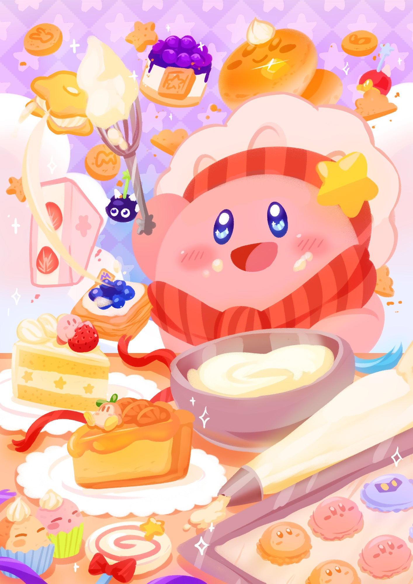 Kirby as a pastry chef! This drawing was also shown in the @yumtendo zine on twitter!