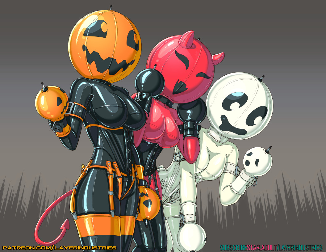 Illustration of three women dressed in rubber with inflated ball hoods.  One themed as a jack-o-lantern, one as a devil, one as a ghost.