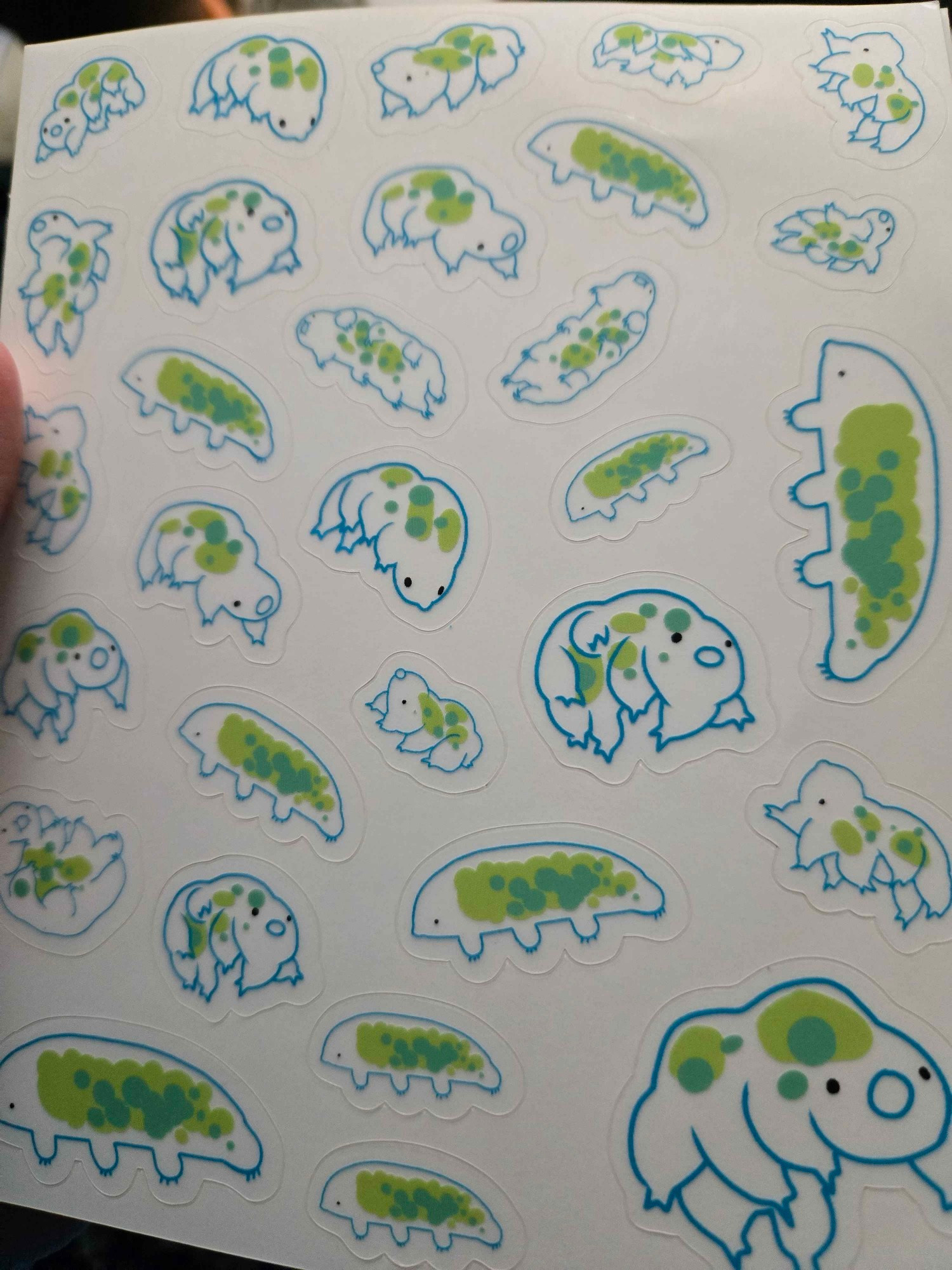 A white sticker sheet filled with tardigrades