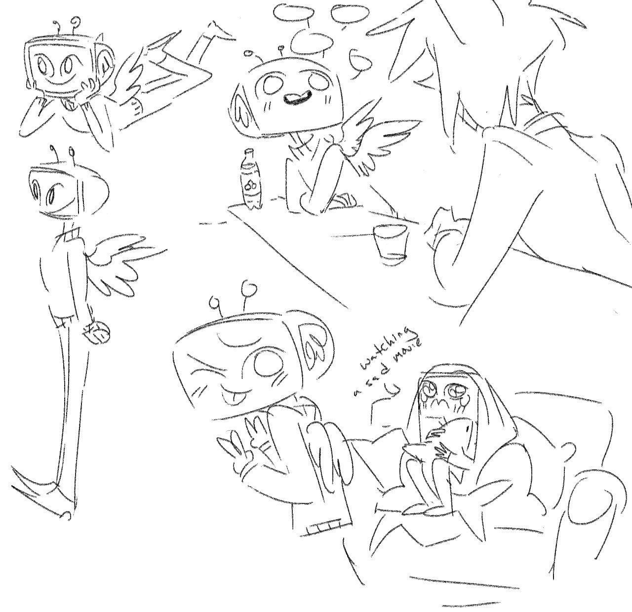 Angel version of vox from hazbin hotel, hes a cuties, watching a sad movie while cuddling a shark plush, talking about nothing with Alastor, being a great guy.