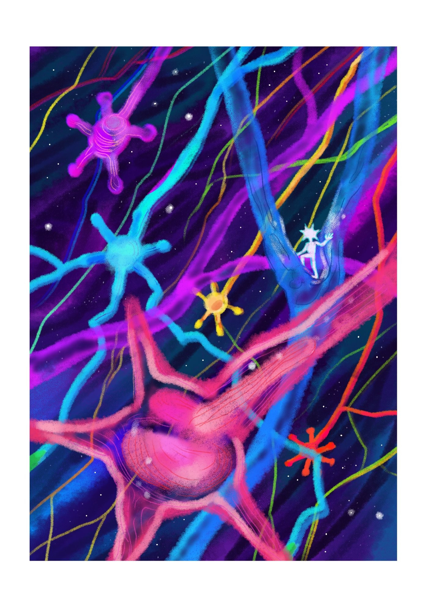 Large colourful nerve cells and a star headed person looking out into them