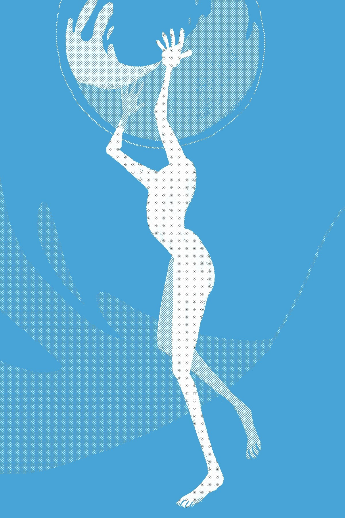 A headless figure holding a clear sphere half fullnof sloshing liquid.