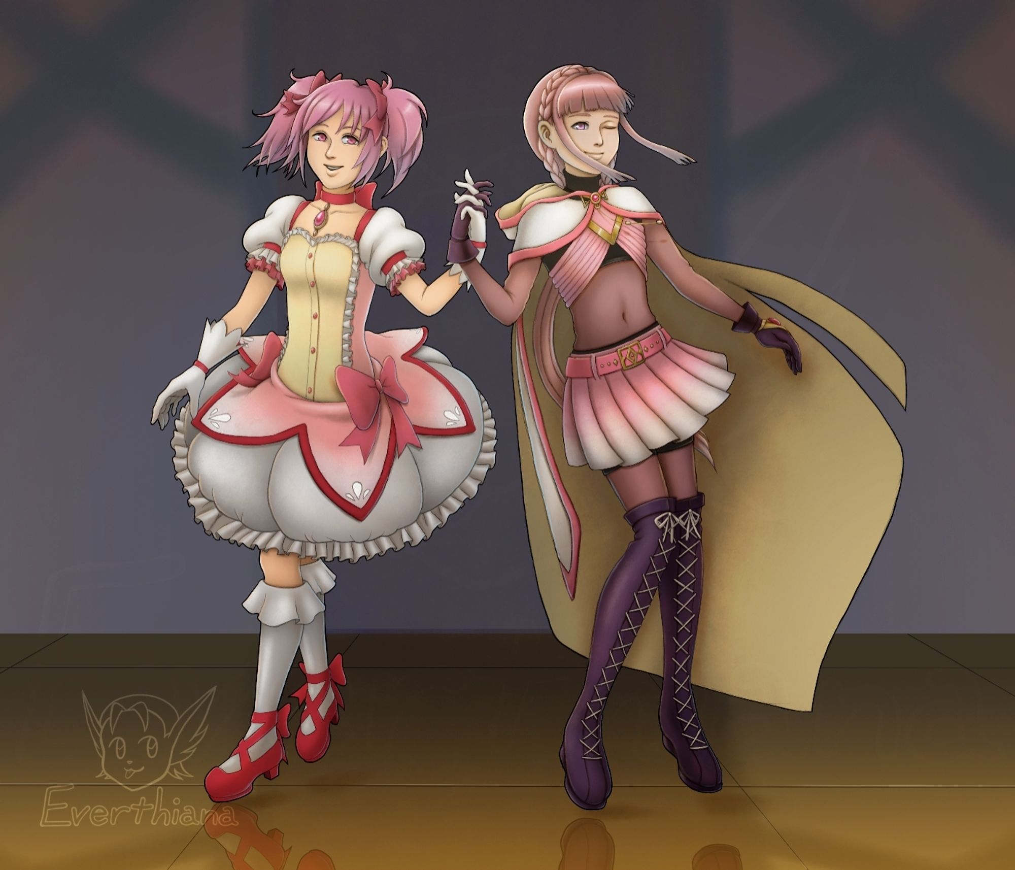 A digital drawing of two magical girls holding hands. On the left is Madoka Kaname and to the right is Iroha Tamaki from the Puella Magi Madoka Magica anime series.

#myart