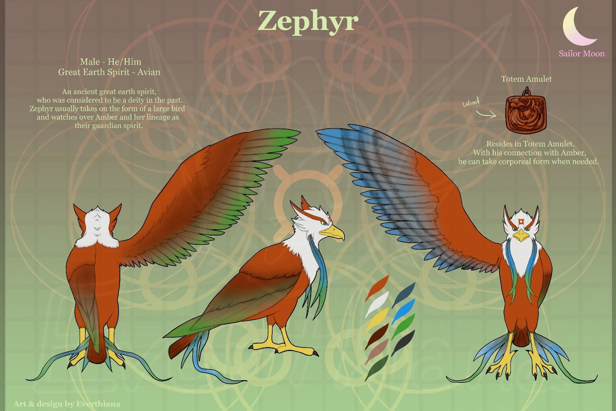 A character reference sheet of a fanmade  original character based on the Sailor Moon fandom. Character is Zephyr (He/Him). A great avian earth spirit who was considered to be a deity in ancient times. Zephyr usually takes on the form of a large bird and watches over Amber and her lineage as their guardian spirit. The reference sheet starting from left shows the full-body back and side view, the color pallette, and full front view. Above the front view of Zephyr is the totem amulet that he reside in. He can take corporeal form when needed using his connection with Amber.