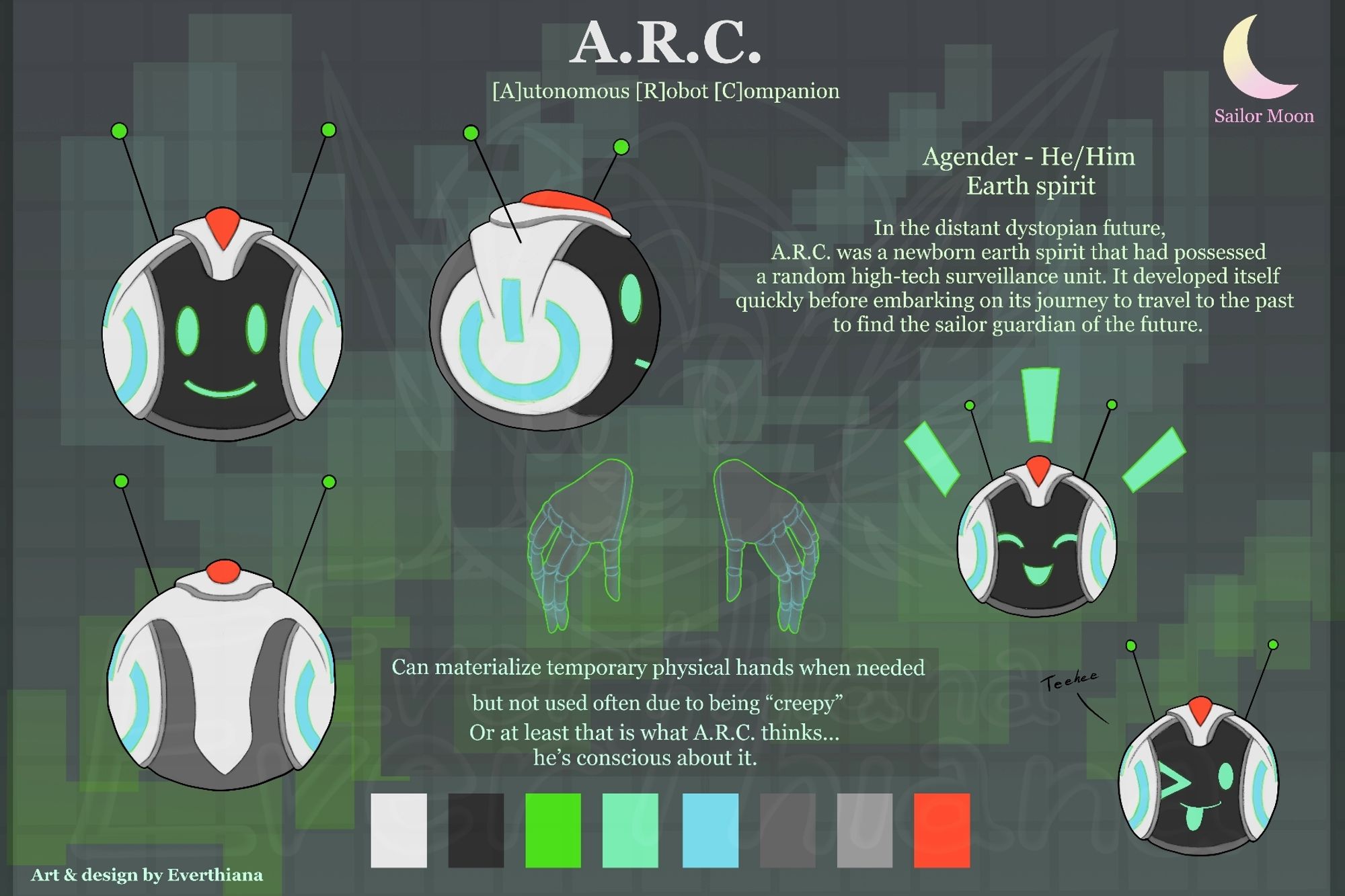 A character reference sheet of a fanmade  original character based on the Sailor Moon fandom. Character is A.R.C. [Autonomous Robot Companion](He/Him). He is an earth spirit from the distant future that posessed a high-tech surveilance unit and traveled to the past to search for Sailor Tech. The reference sheet starting from the left shows ARC's front, back, and side view. In the center, are his floating hands he can materialize when needed. On the right are a couple of his expressions, one with him joyfully excited and other shows him winking with his tongue sticking out as he says "Teehee." The bottom are his color pallettes.