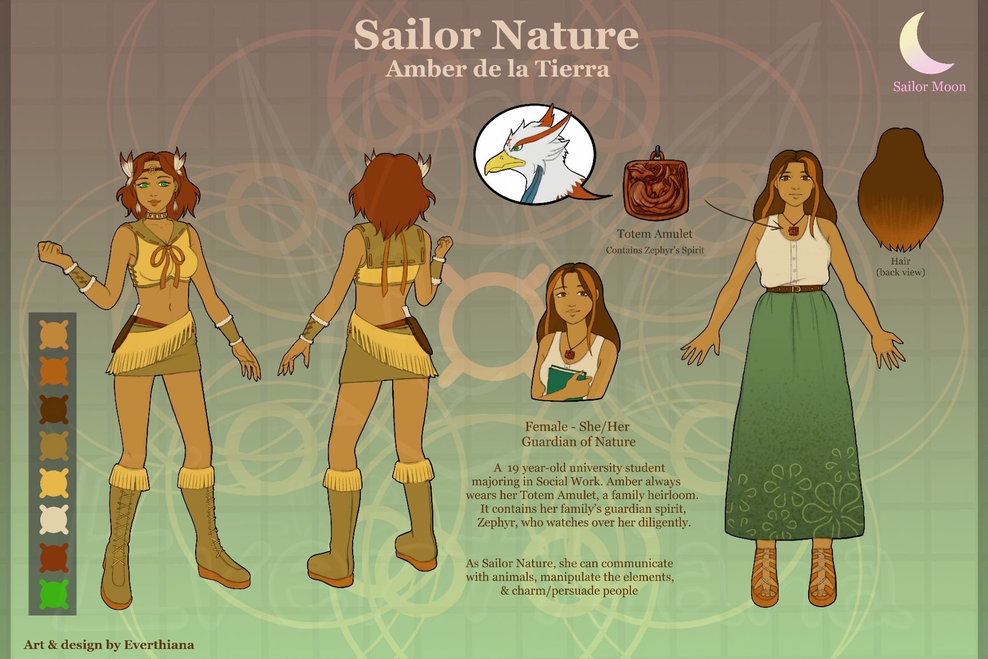 A character reference sheet of a fanmade  original character based on the Sailor Moon fandom. Character is Amber de la Tierra aka Sailor Nature (She/Her). A 19 year-old university student majoring in social work. She always wear her totem amulet, a family heirloom that contains the family's guardian spirit, Zephyr. Her abilities as a sailor guardian are: communicating with animals, manipulate the elements, & charm/persuade people. The reference sheet starting from the left are Amber's color pallette, full-body front and back views, close-up of her amulet with a bubble pointing from the amulet  showing Zephyr's headshot, a bust view of Amber holding a textbook in her arms, full-body front civillian form view and back hair view.