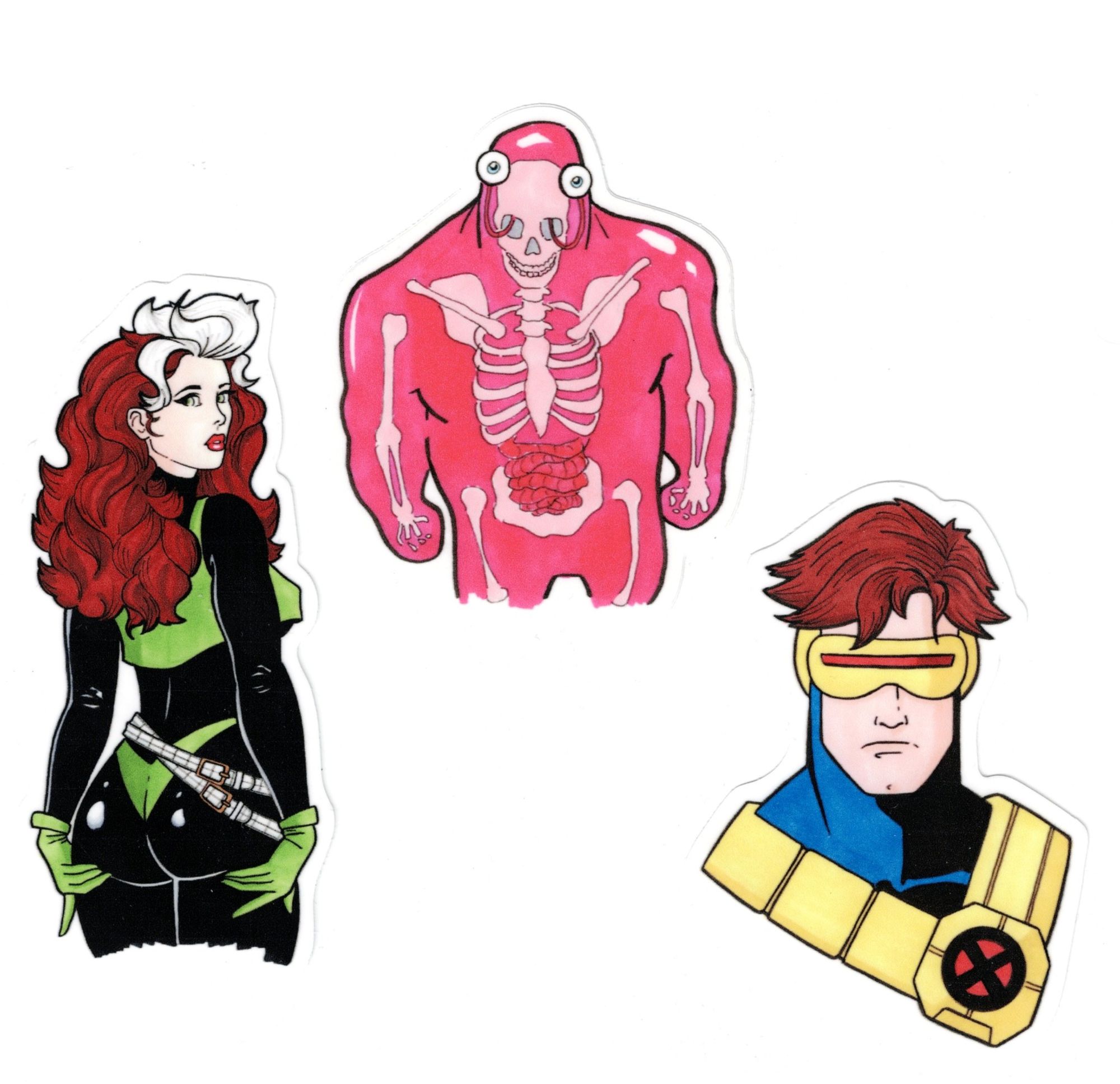 A picture of three X-Men themed vinyl stickers from left to right we have Rogue, Glob Hermann and Cyclops.