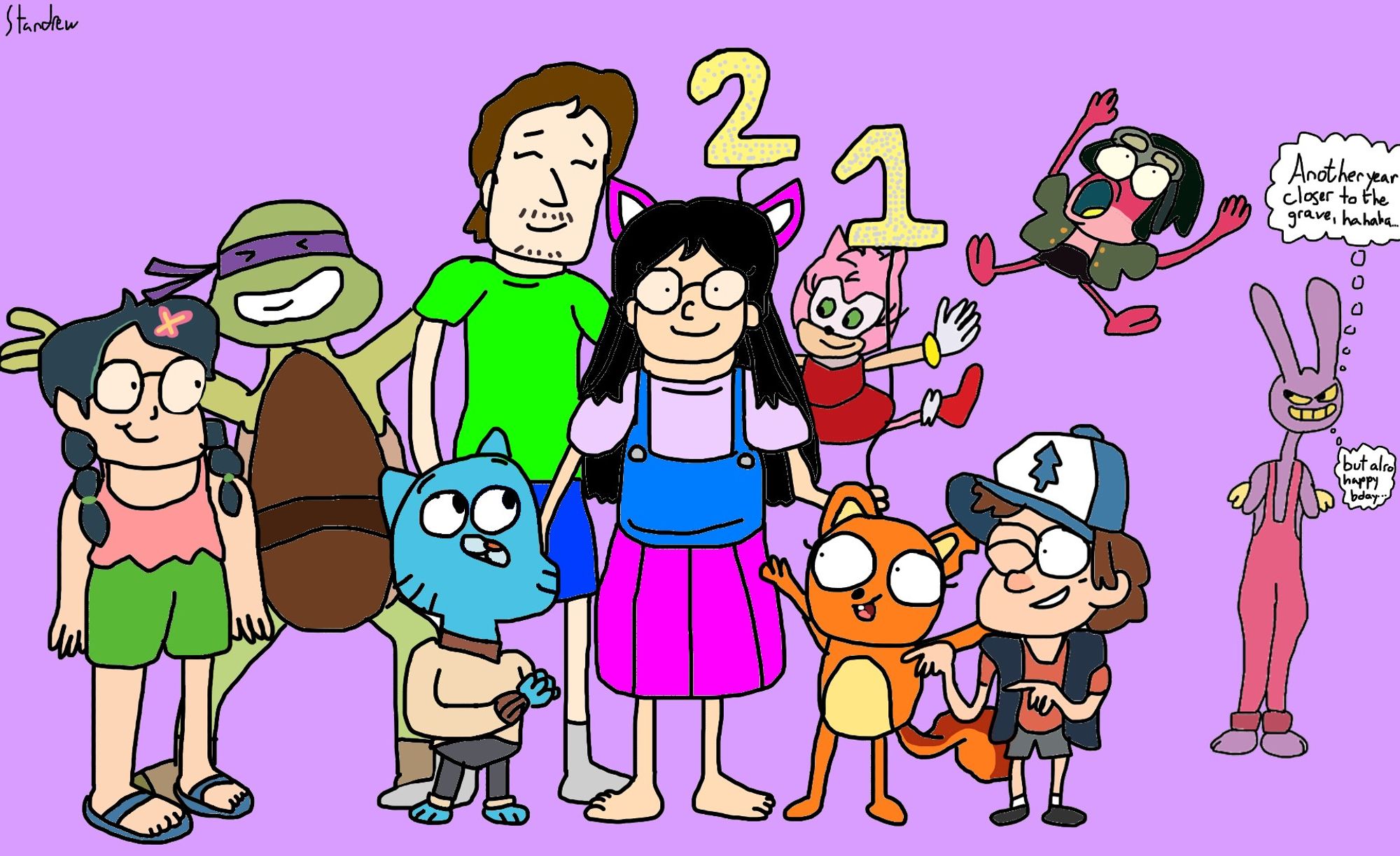 Me & Sarah (Dinogirl) holding 2 & 1 balloons, commemorating her 21st birthday. We are surrounded by some of Sarah's favorite characters, Willow from Owl House, Donatello from TMNT, Gumball from Gumball, Kiff from Kiff, Amy from Sonic, Dipper from Gravity Falls, Sprig from Amphibia, and Jax from Amazing Digital Circus