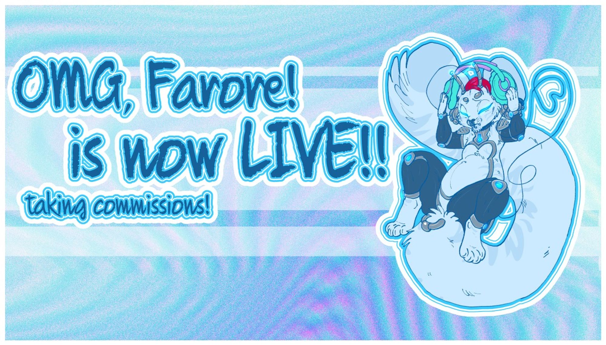 A digital artwork with a swirly pastel cyan and purple background and a floating white, dark blue, and silver anthropomorphic tiger robot in the foreground wearing teal and purple headphones with the text 'OMG, Farore! is now LIVE!! taking commissions!' in dark blue text across the left half of the image.