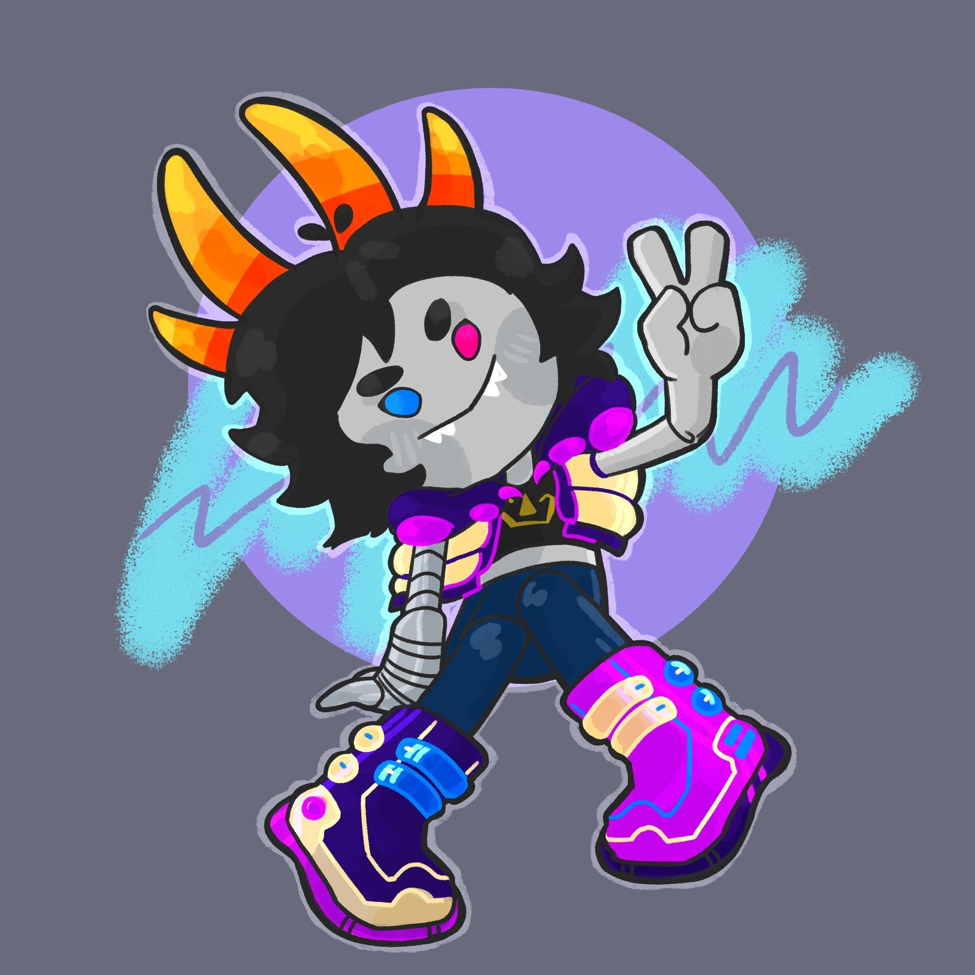 a cute little chibi sketch of HeyitsWink's character sitting, their head tilted aside and making a peace sign. They're a homestuck themed goldblood troll with four horns, short fluffy dark hair, heterochromia (left eye pink, right eye blue) and wearing an outfit made of a short vest and thick boots in the colors, yellow, purple and pink. The background is retro-inspired and shows of a light purple circle with some turqouise and purple scribbles in the bg